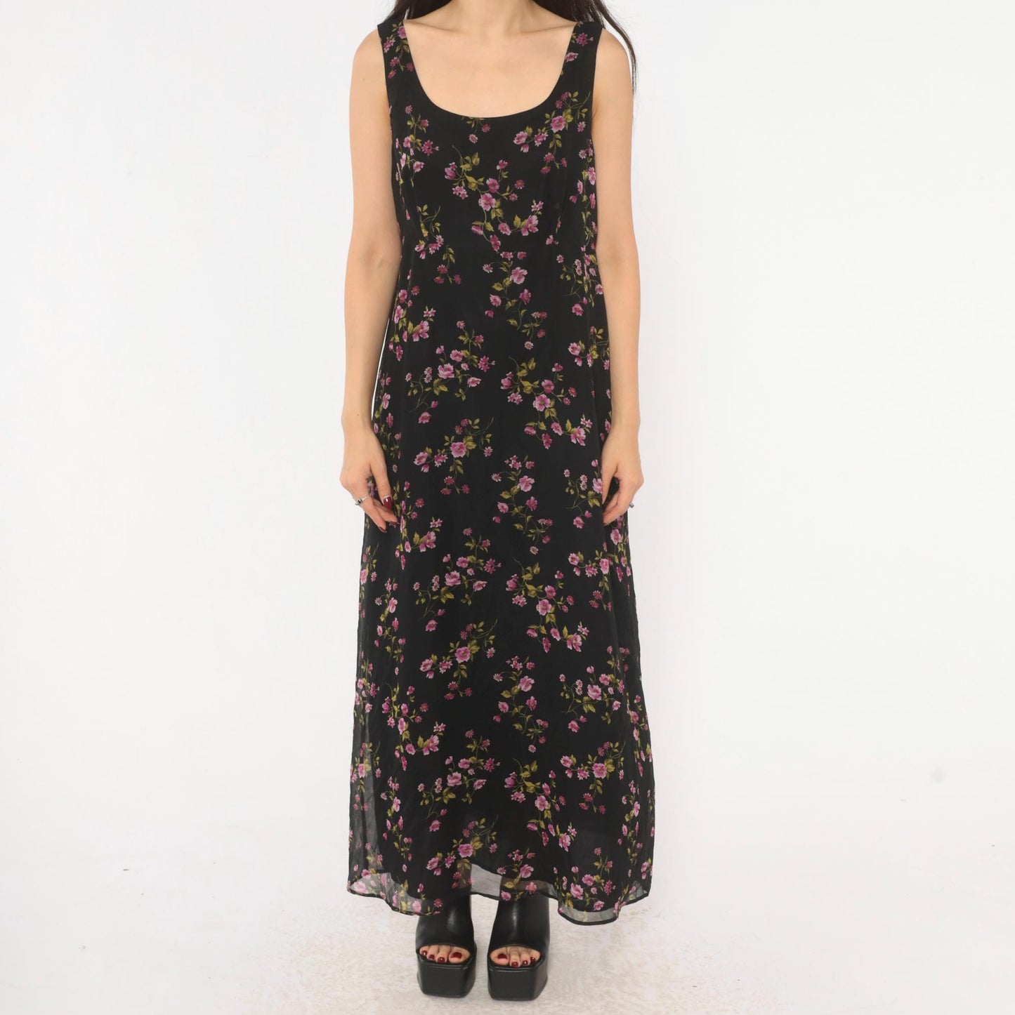 90s Robbie Bee Black Floral Silk Maxi Dress Purple Pink Scoop Neck Medium