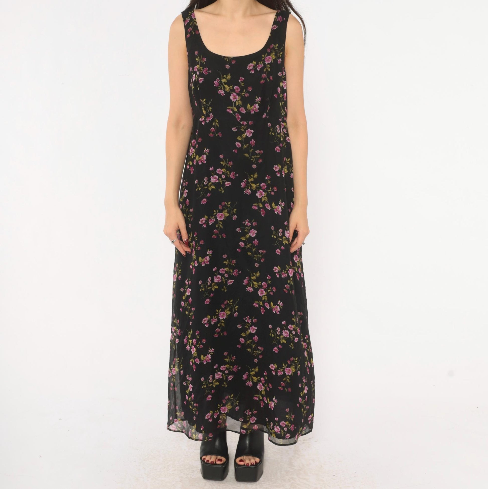 90s Robbie Bee Black Floral Silk Maxi Dress Purple Pink Scoop Neck Medium