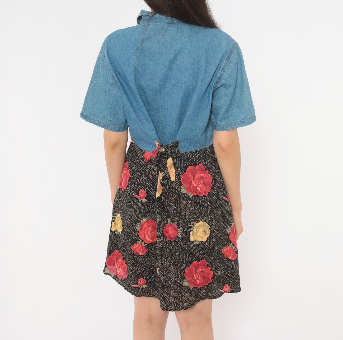 90s M.P.H. Denim Floral Mini Dress Button Front Collared Medium M