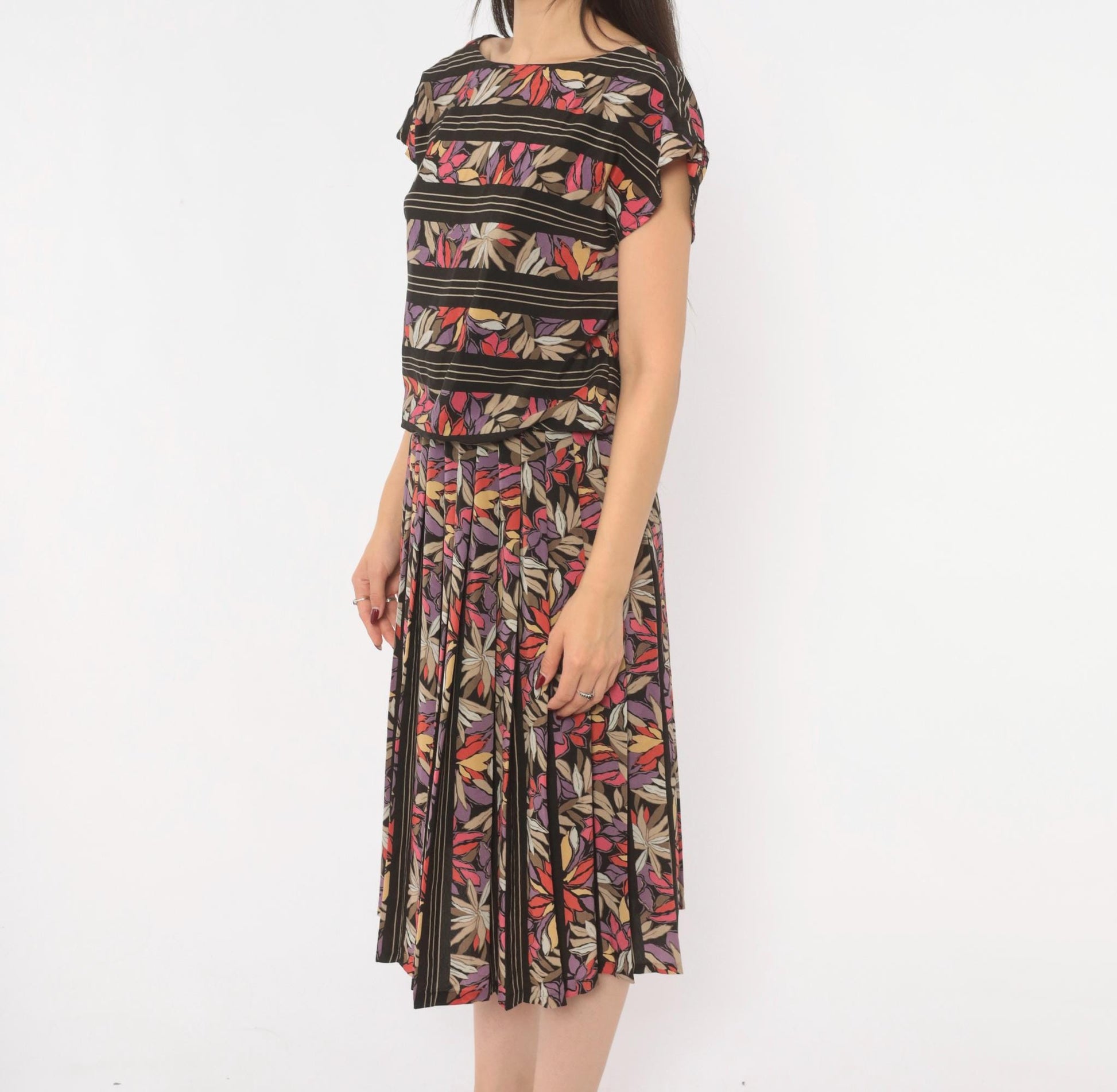 80s Secrets Botanical Leaf Print Midi Dress Black Cap Sleeve Drop Waist Small