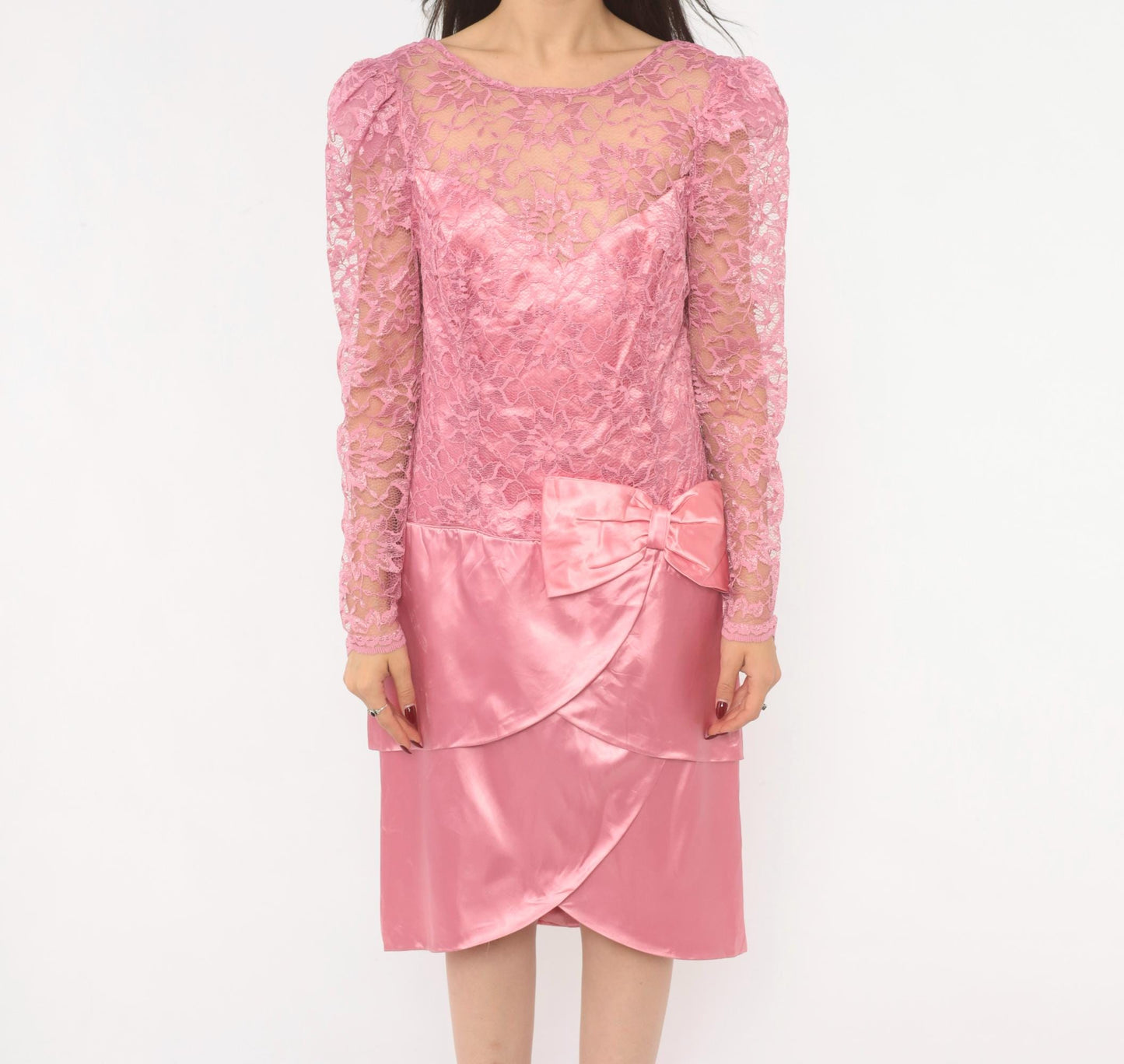 80s Pink Lace Satin Dress Puff Sleeve Bow Tiered Tulip Skirt Large L