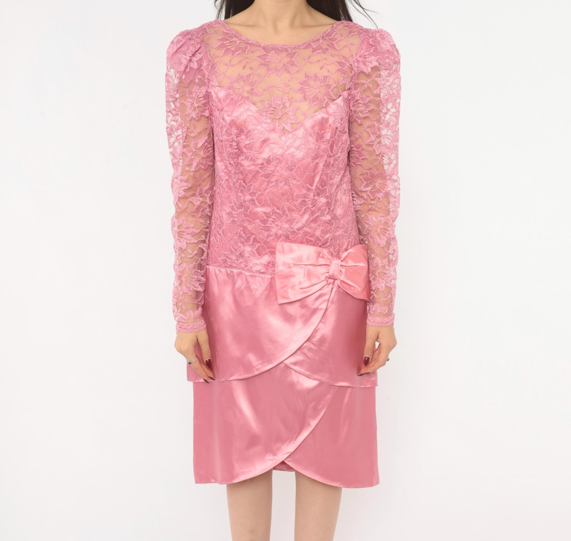 80s Pink Lace Satin Dress Puff Sleeve Bow Tiered Tulip Skirt Large L