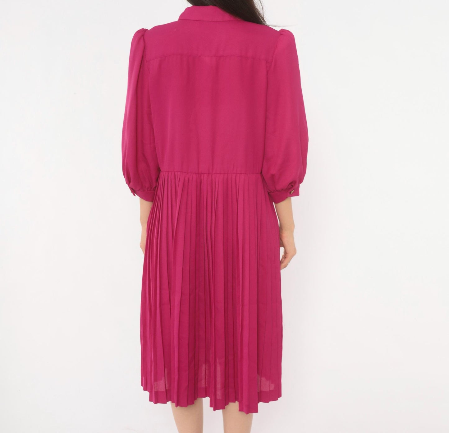 80s Sabino Petites Fuchsia Pleated Shirt Dress Puff Sleeve Knee Length Small