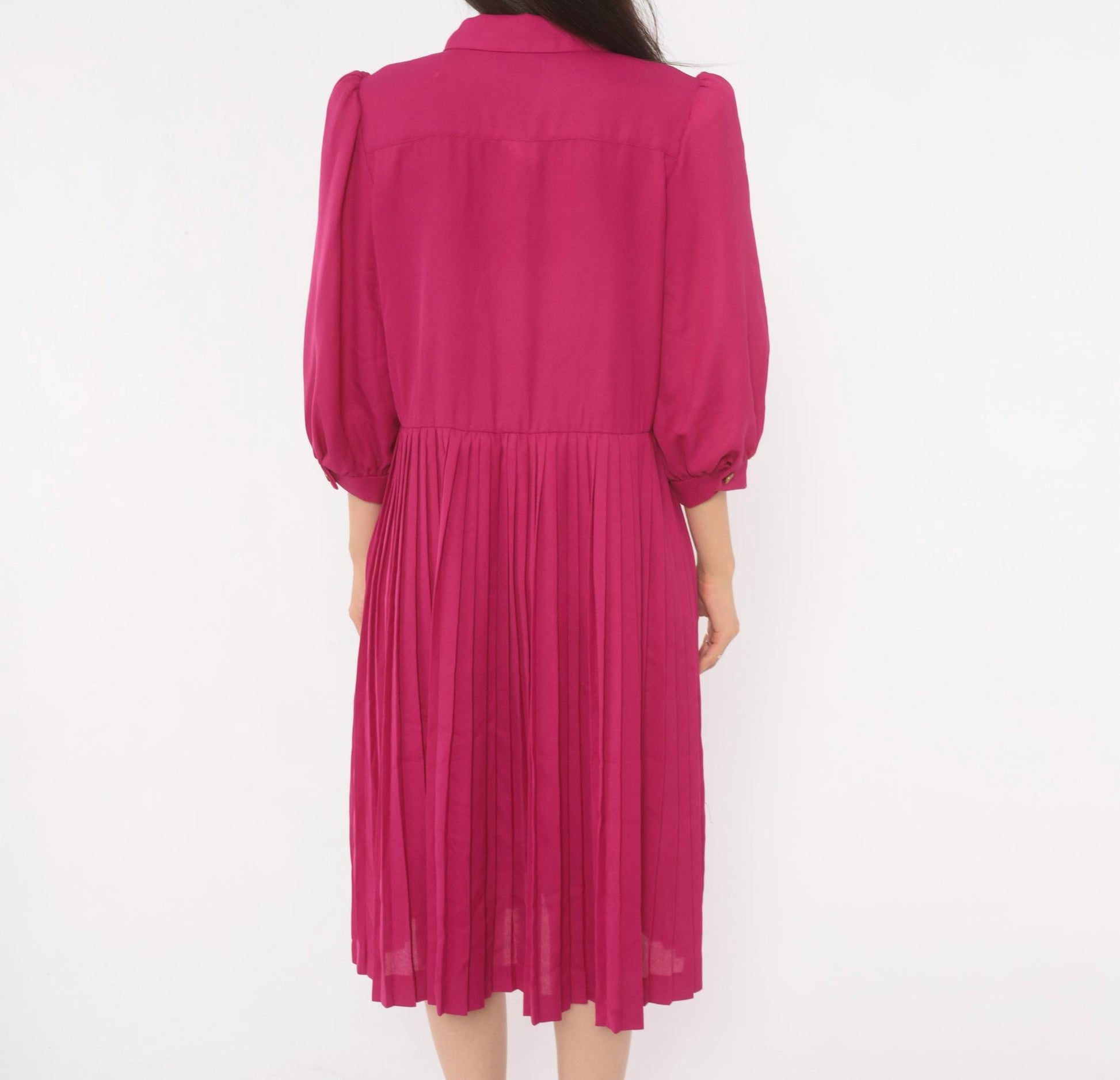 80s Sabino Petites Fuchsia Pleated Shirt Dress Puff Sleeve Knee Length Small