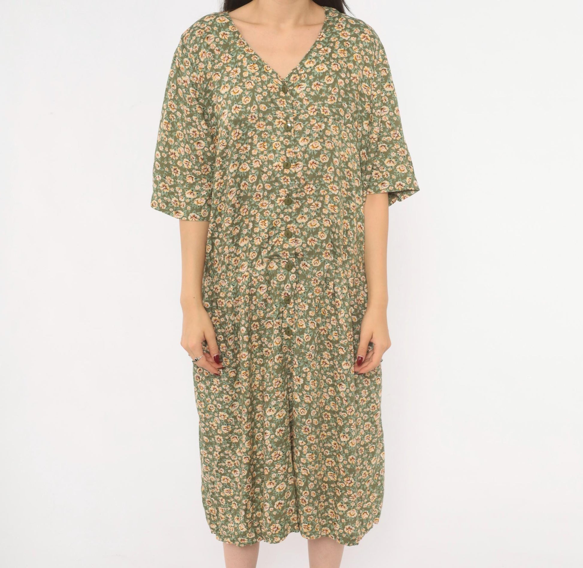 90s Westport Ltd. Floral Midi Romper Button Front Calico Print Olive Cream Extra Large XXL