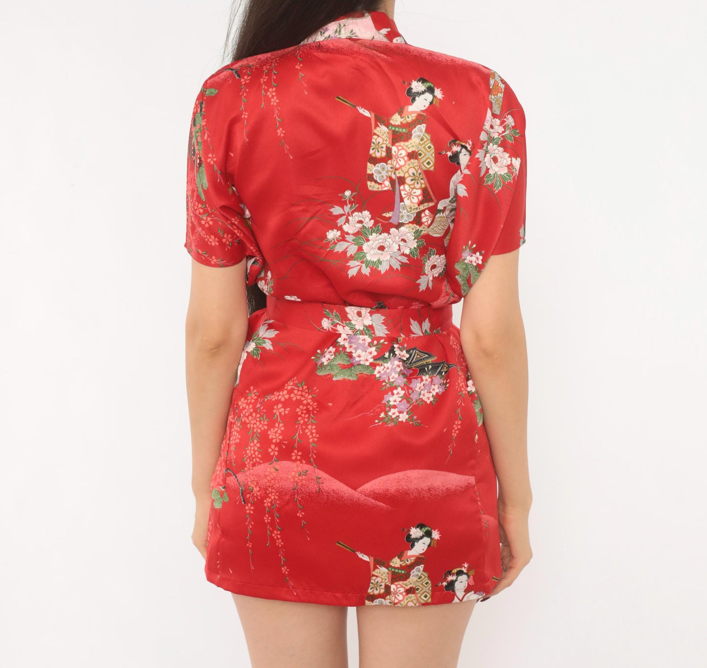 90s Red Geisha Cherry Blossom Satin Kimono Robe Mini XXS