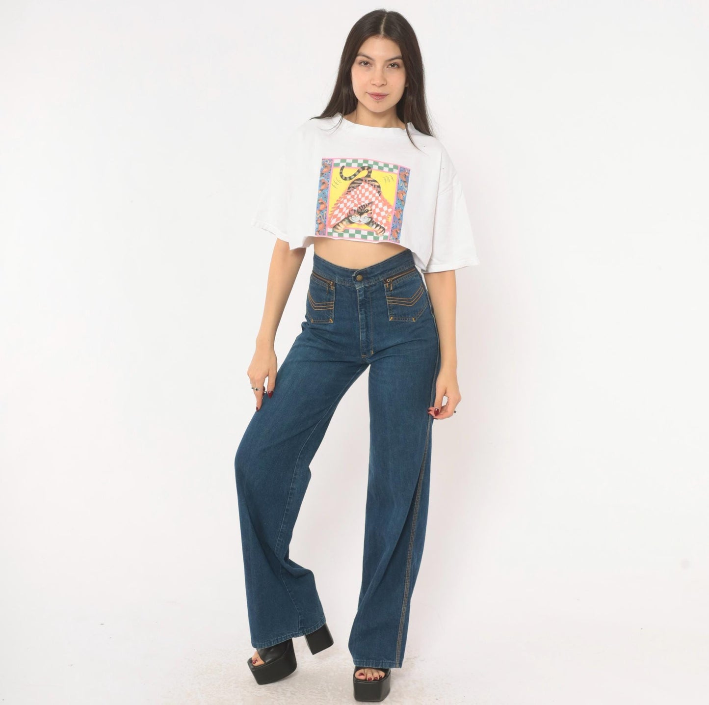 90s Fruit Of The Loom Cat Checkered Graphic Crop Top White Cotton Medium