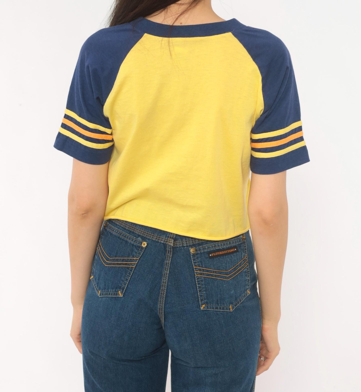80s Windswept Bahamas Raglan Crop Top Yellow Navy Striped Small
