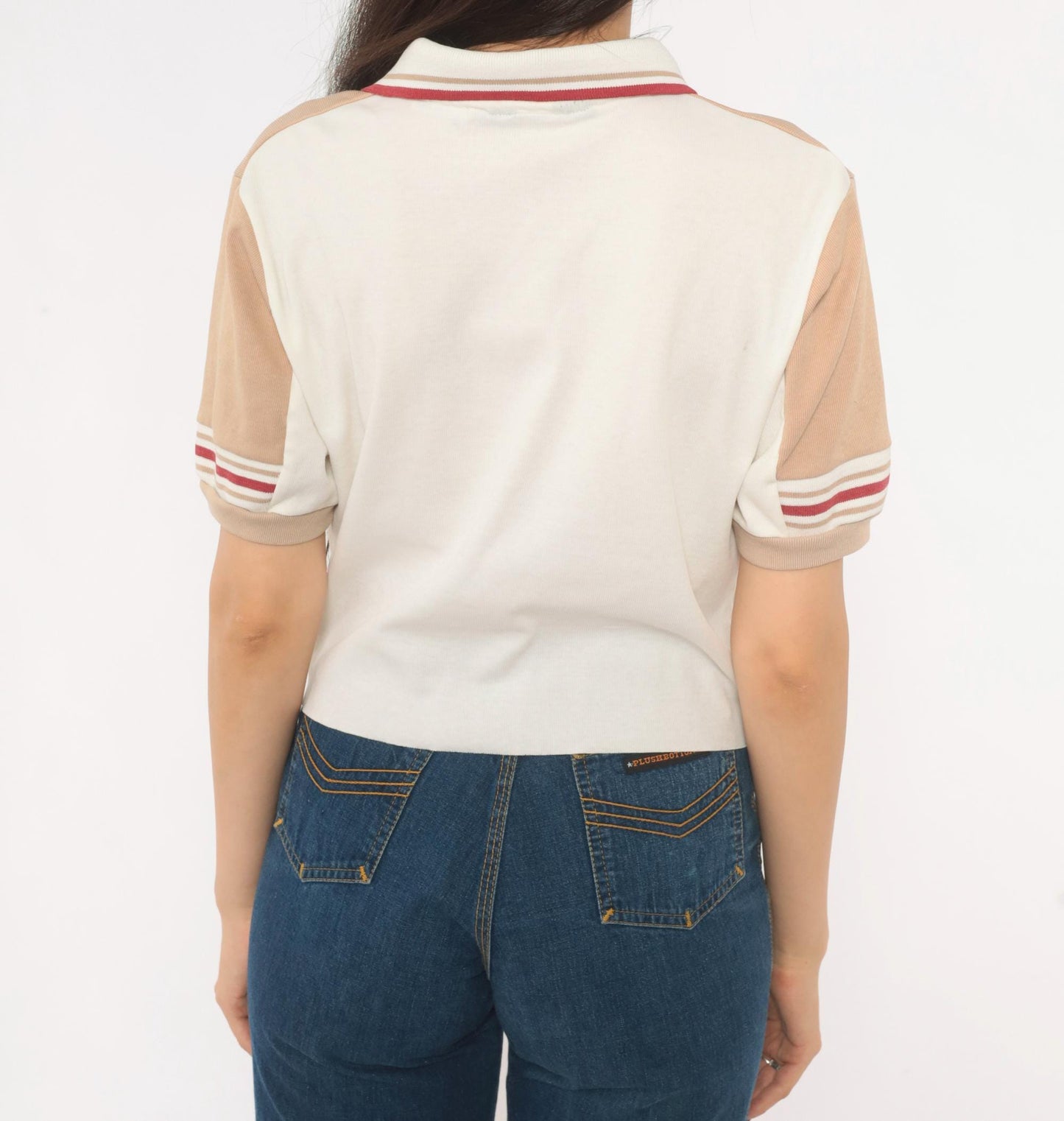80s Jantzen Polo Cream Tan Color Block Snap Button Knit Top Small S