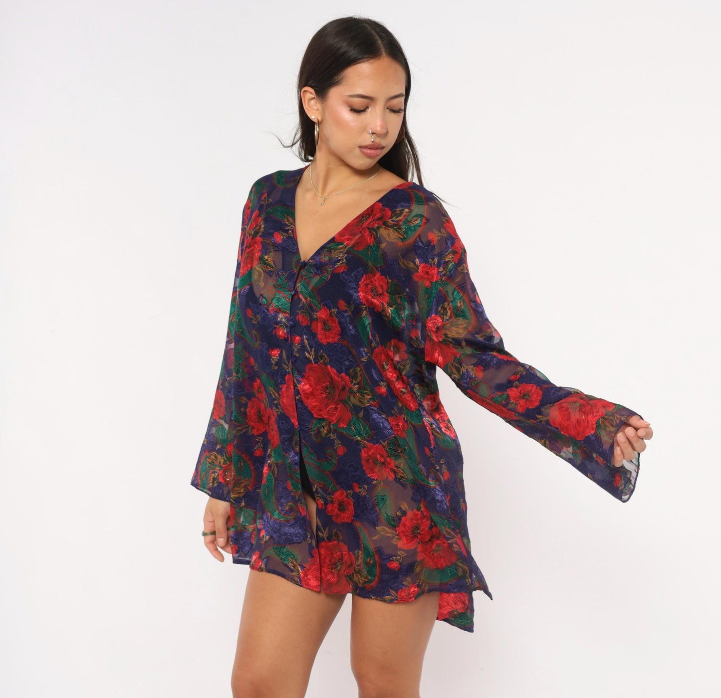 90s Victoria's Secret Sheer Robe Navy Red Floral Bell Sleeve Button Front Medium