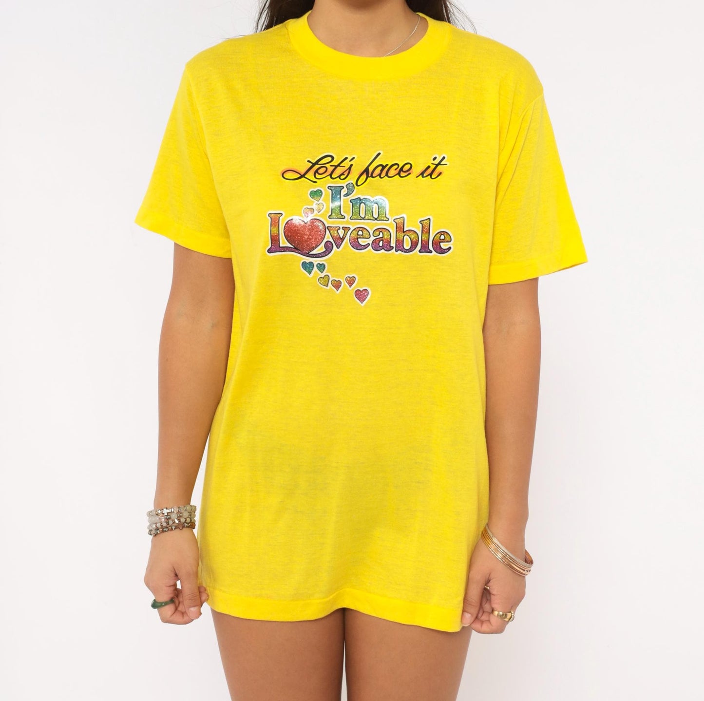 80s Ched "Let's Face It I'm Loveable" Heart Glitter Tee Yellow Graphic Slogan Large L