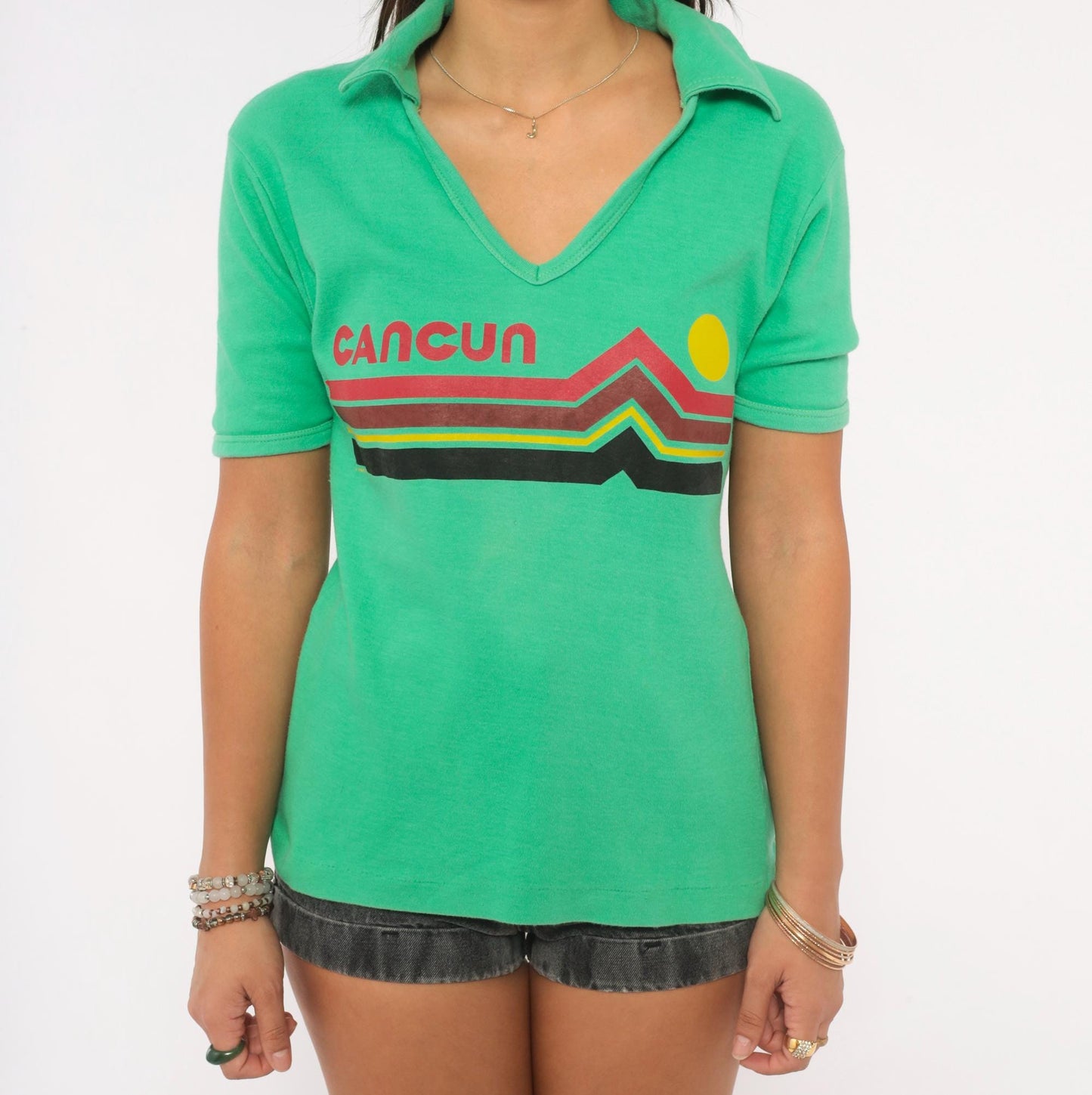 80s Zaky Sport Cancun Sunset Polo Green V-Neck Graphic Shirt Medium