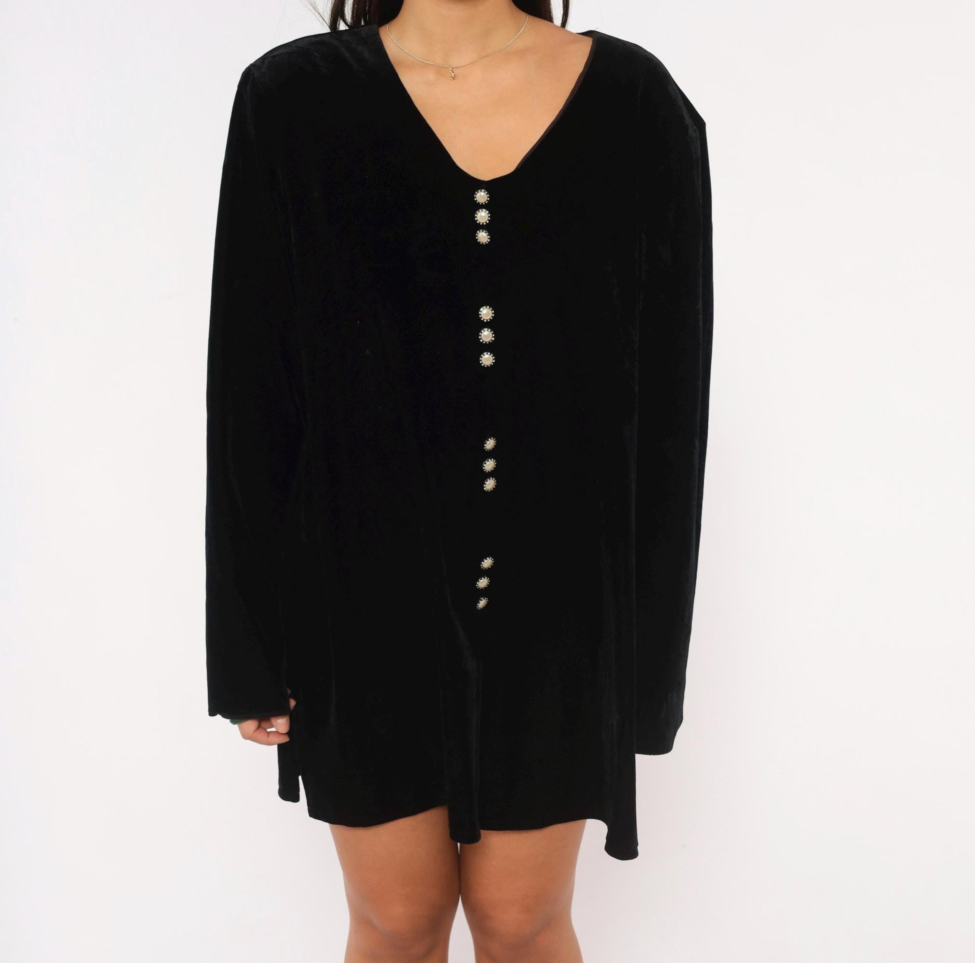 90s Another Thyme Black Velvet Mini Dress Pearl Buttons V-Neck Plus Size 1X