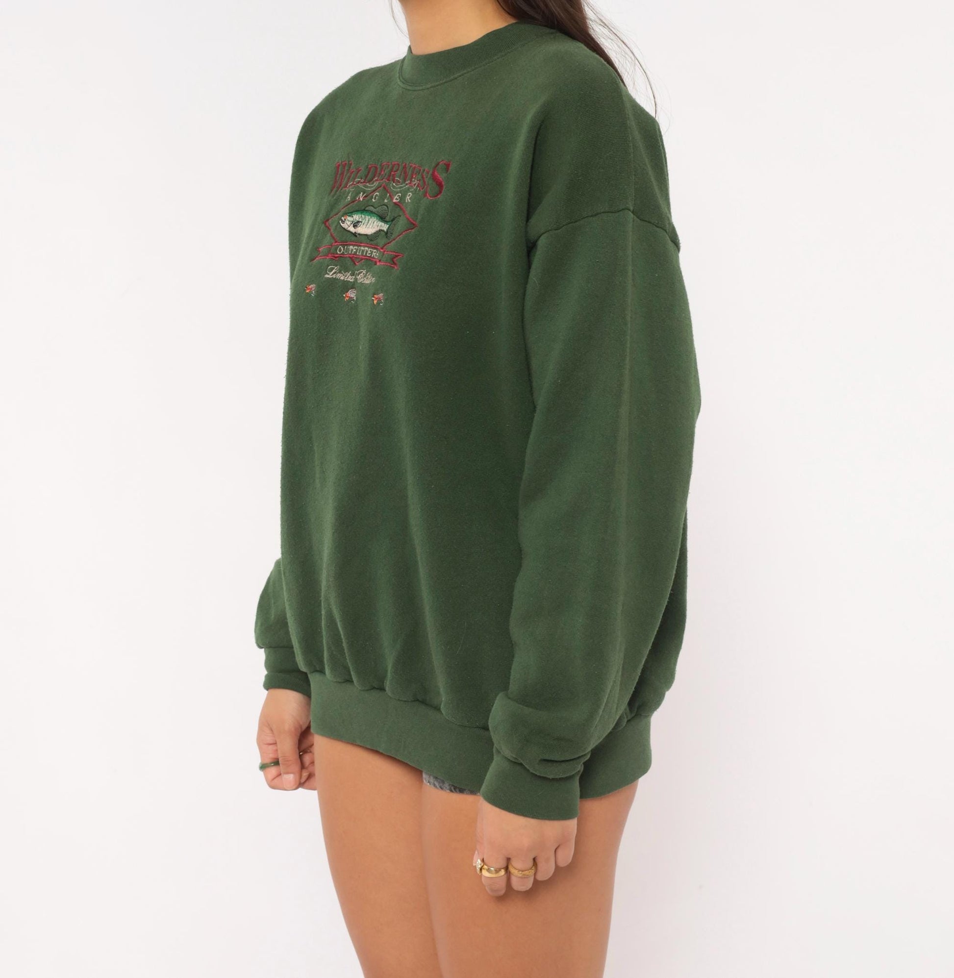 90s Tultex Wilderness Angler Embroidered Fish Sweatshirt Olive Green Large L