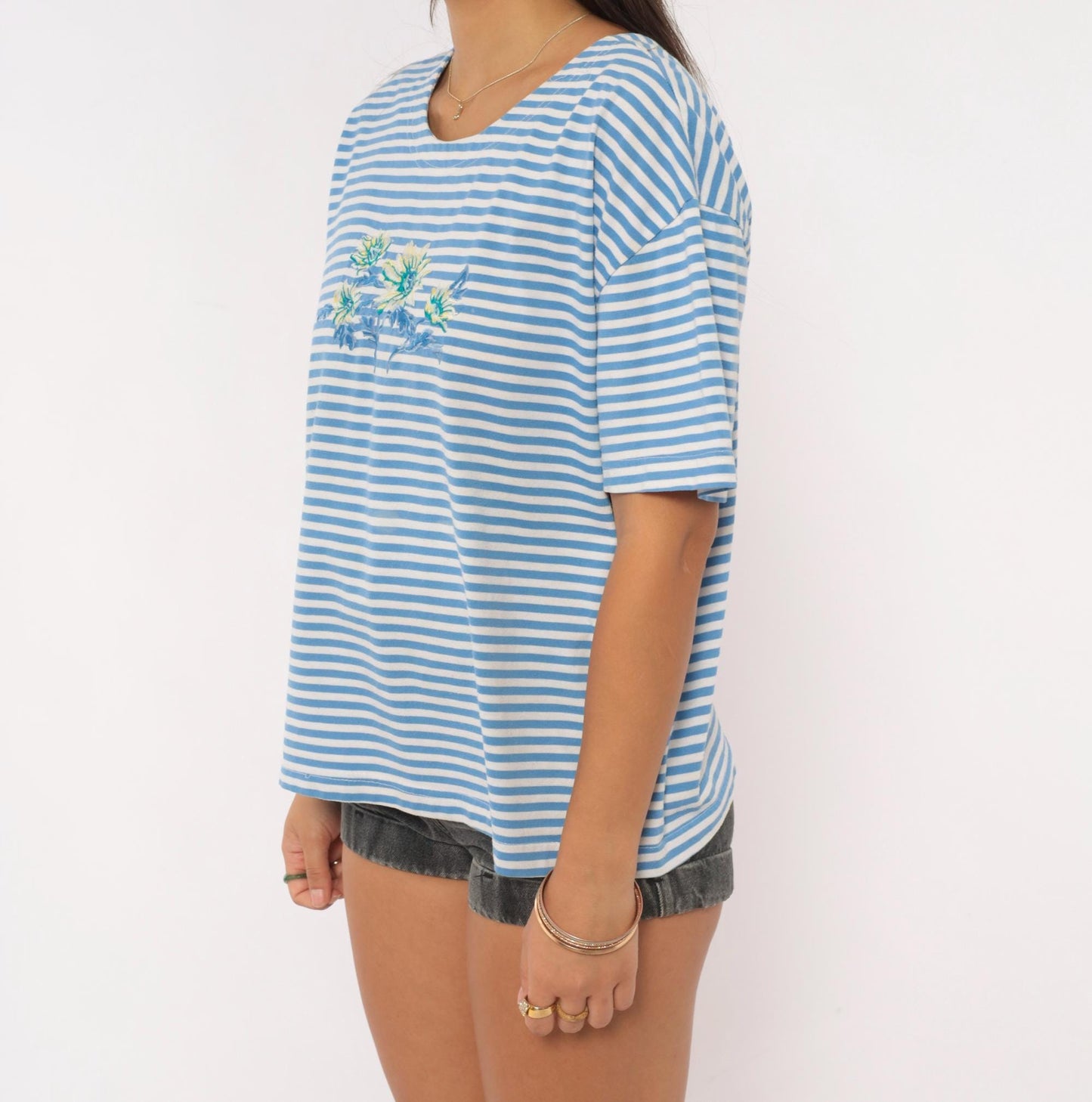 90s Shenanigans Blue White Striped Floral Embroidered Tee Large