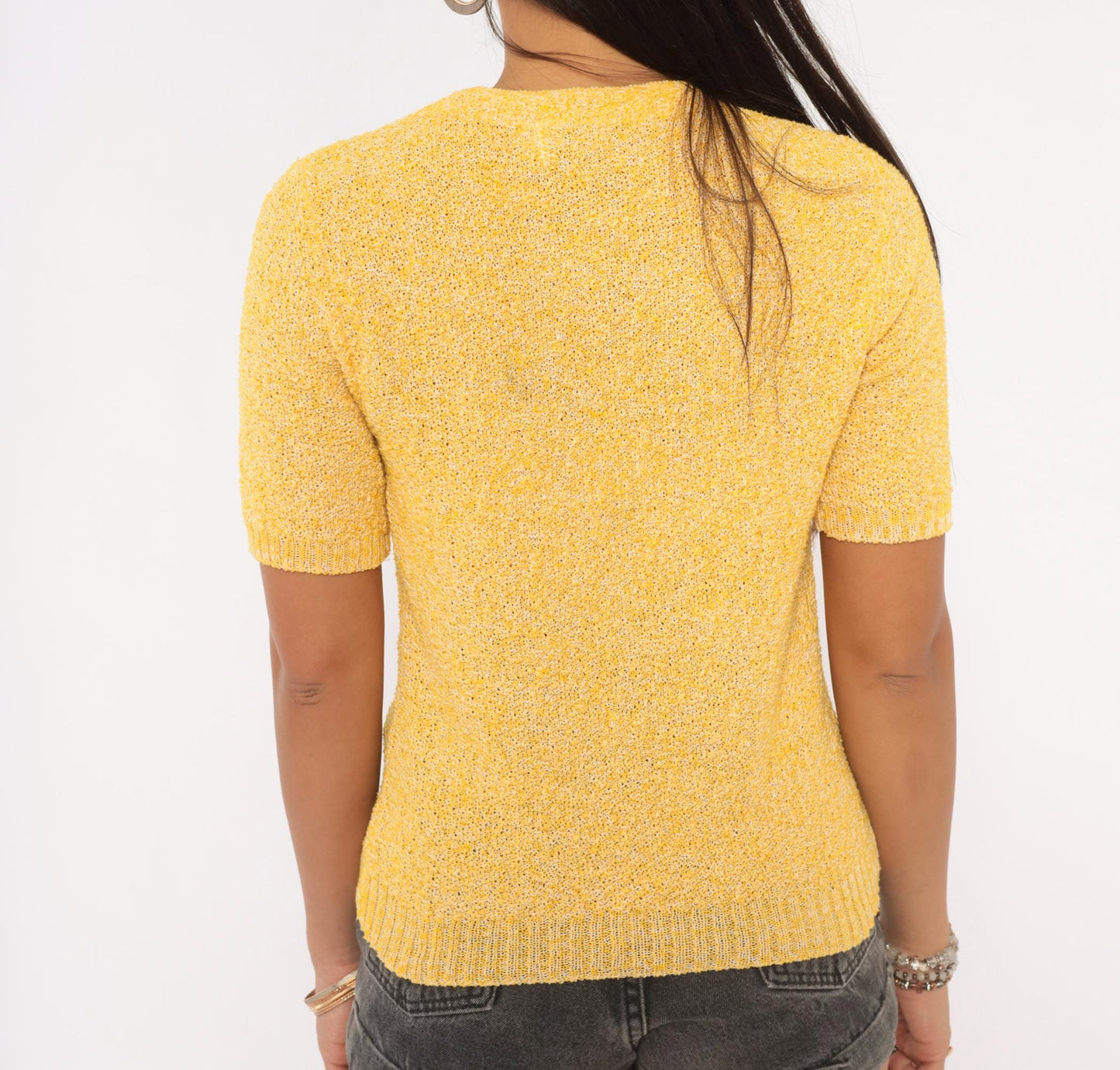 70s Sears Yellow Bouclé Knit Top Lace-Up V-Neck Short Sleeve Small Medium