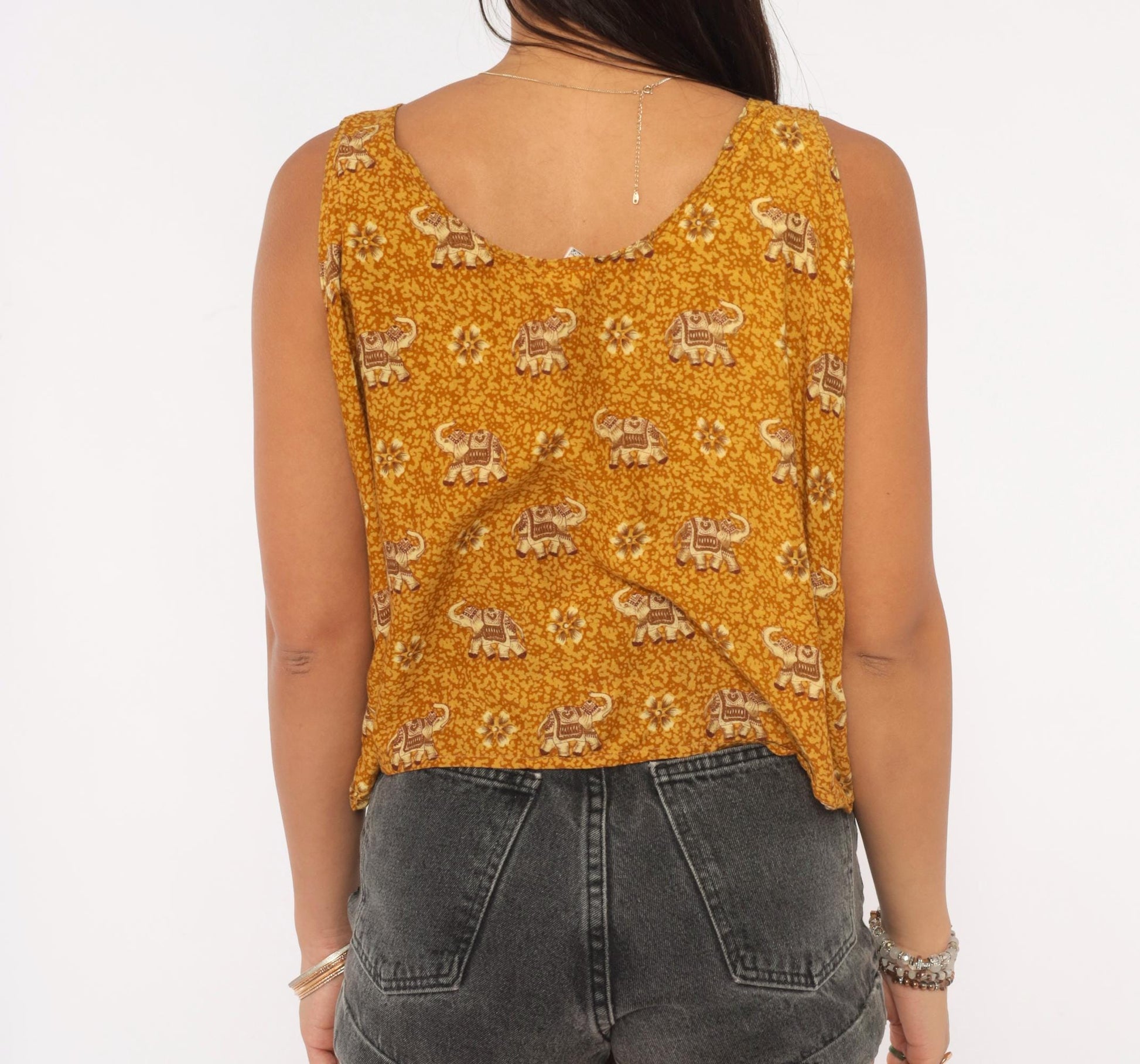 Y2K Dream Island Elephant Print Tank Top Mustard Gold Large L
