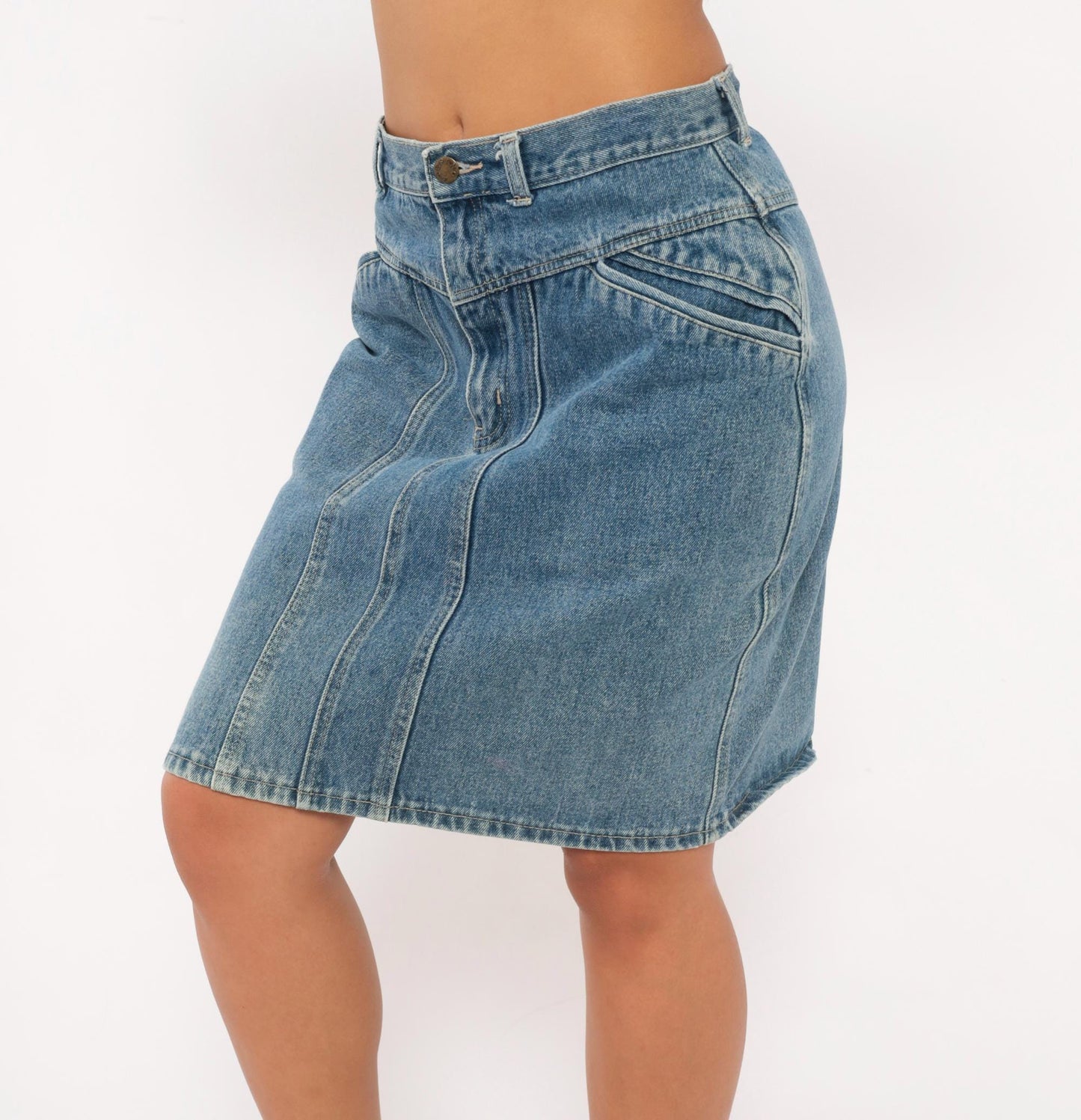 90s Stefano Denim Pencil Skirt High Waist Paneled Seam Blue Cotton Medium M