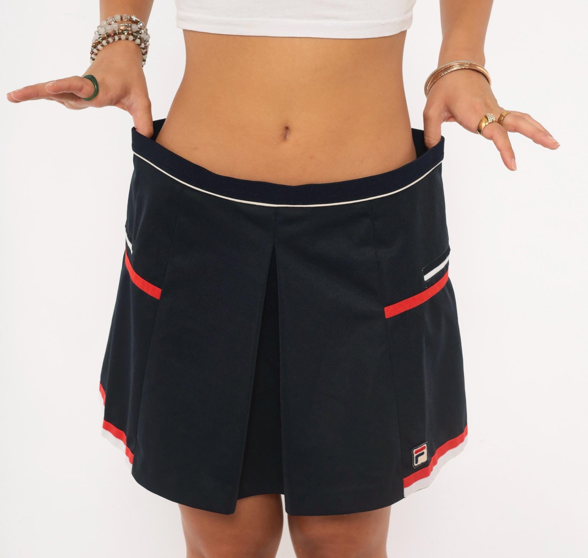 90s Fila Tennis Skirt Navy Pleated Mini Red White Stripe Trim Large L