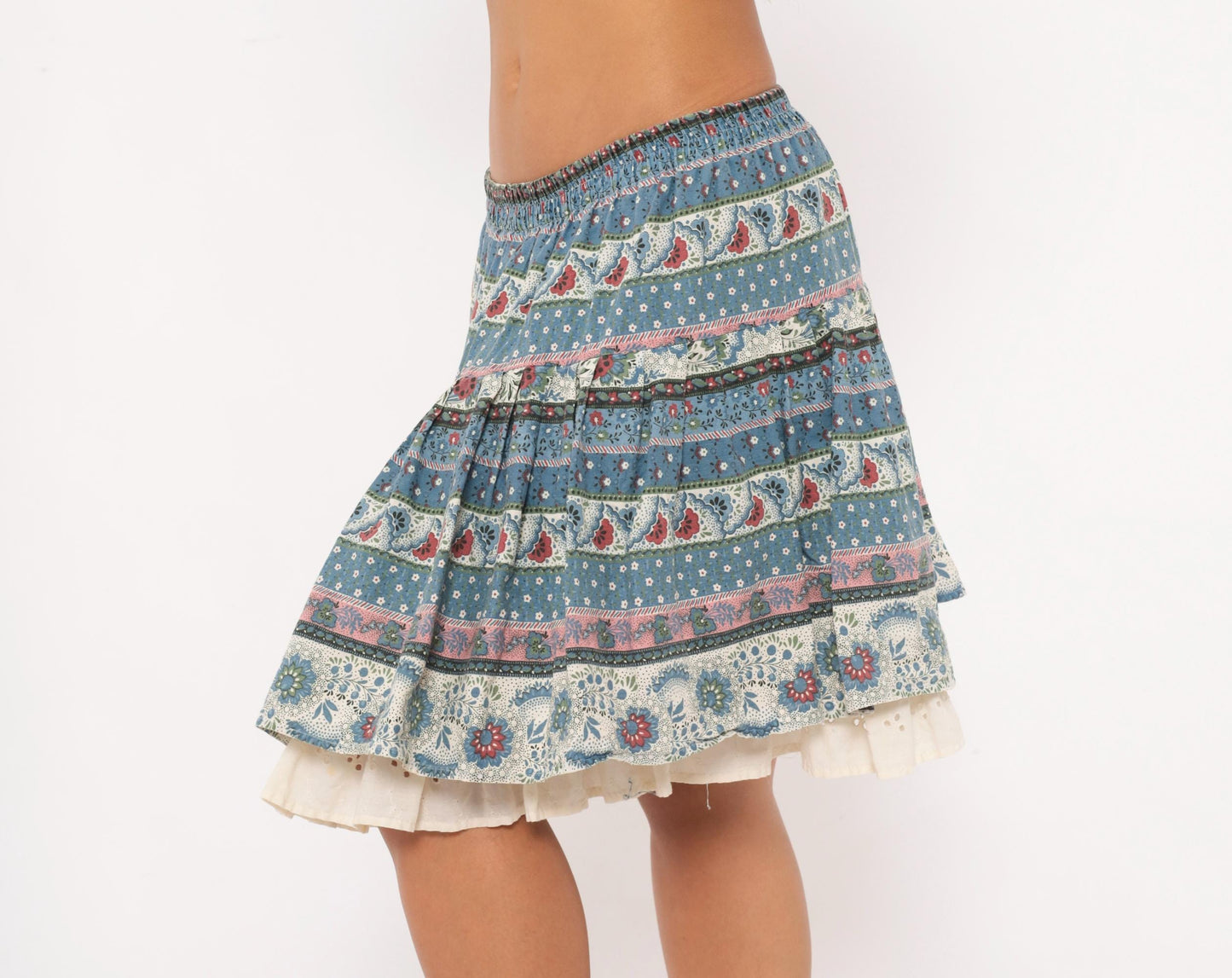 90s New Girls' Generation Tiered Prairie Skirt Blue Burgundy Floral Large L