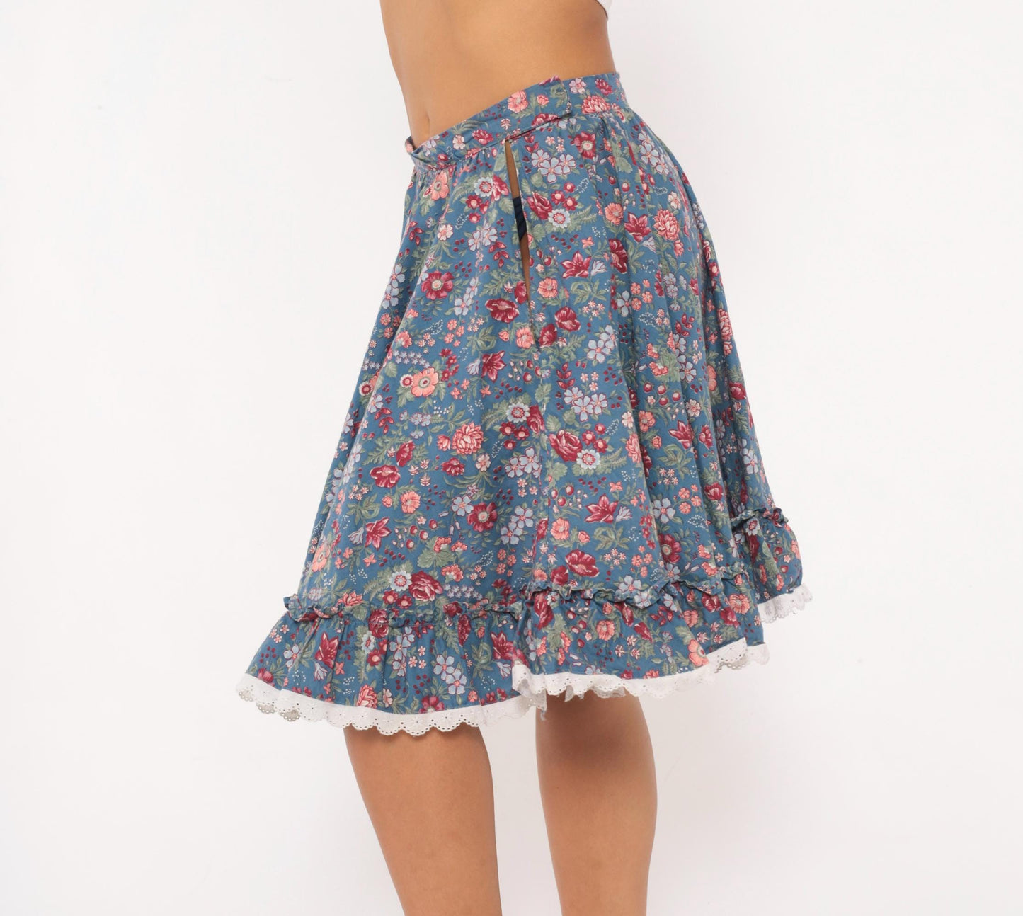 80s Dusty Blue Floral Circle Skirt Cotton Ruffled Lace Trim Small S