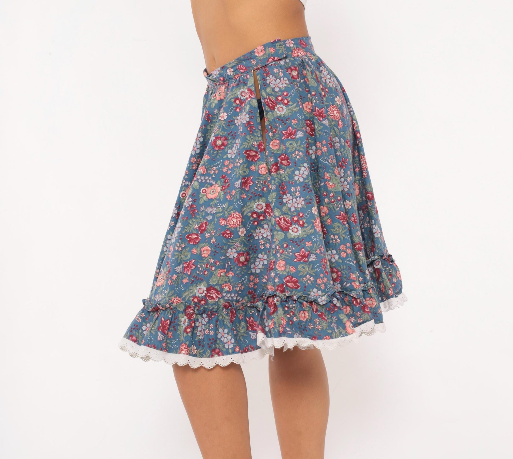 80s Dusty Blue Floral Circle Skirt Cotton Ruffled Lace Trim Small S