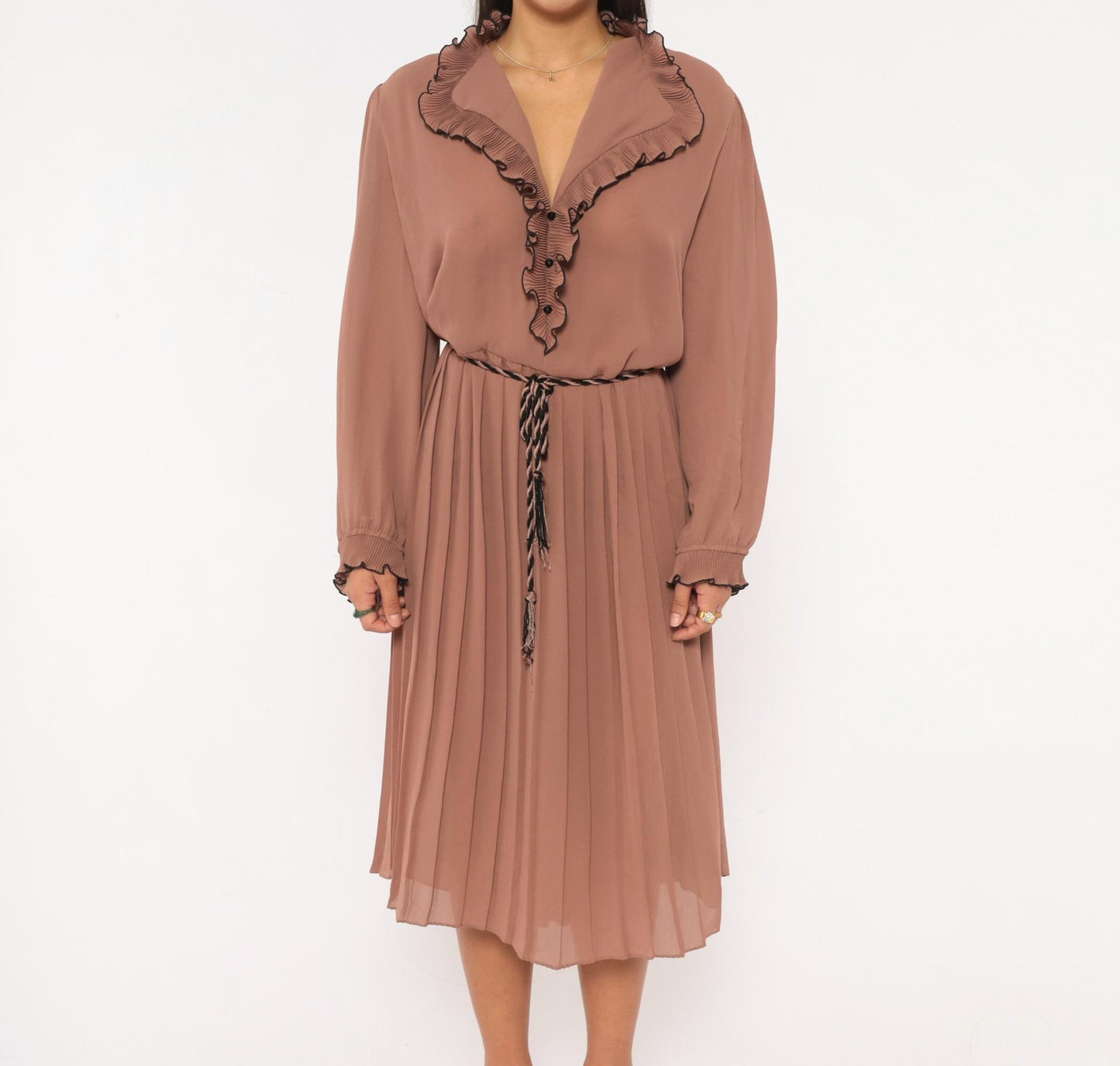 80s Cobina Mauve Pleated Dress Ruffled Collar V-Neck Blouson Sleeve Extra Large XL