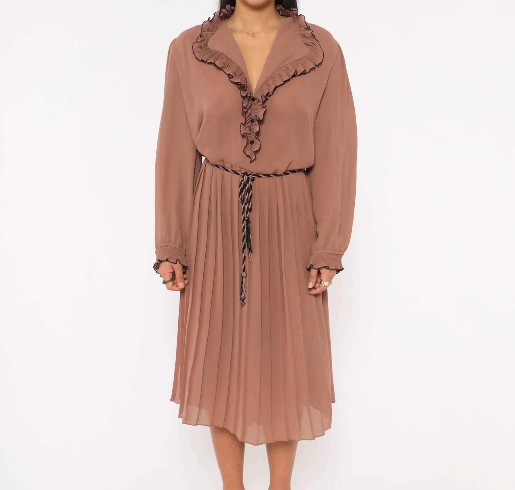 80s Cobina Mauve Pleated Dress Ruffled Collar V-Neck Blouson Sleeve Extra Large XL