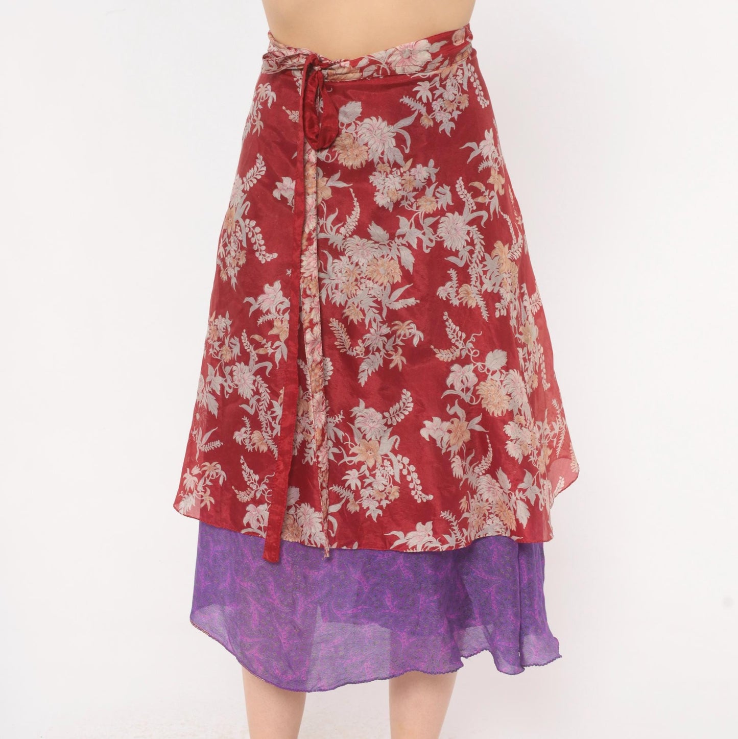 Y2K Kariza Silk Wrap Skirt Burgundy Floral Purple Double Layer Small Medium