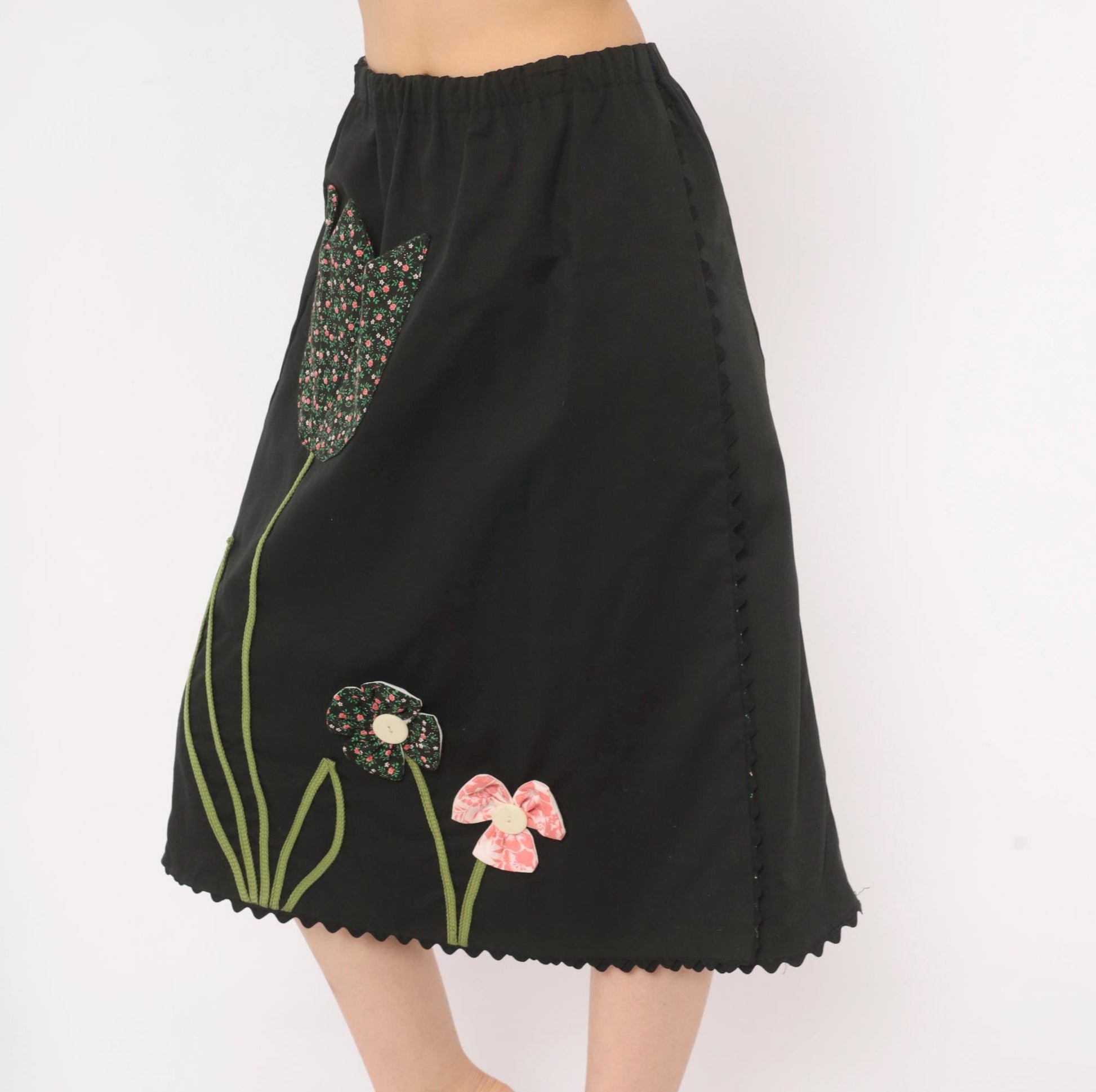 70s Black Floral Midi Skirt Tulip Pocket Patchwork A-Line Small