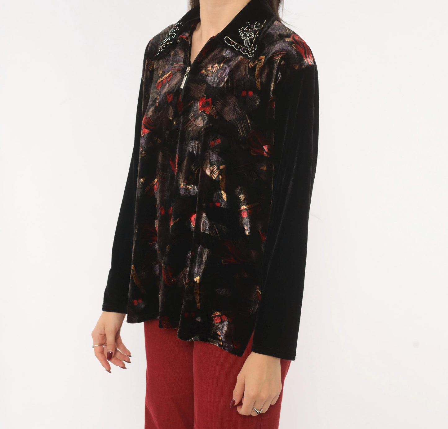 90s Black Velvet Blouse Rhinestone Collar Painterly Print Long Sleeve Medium M