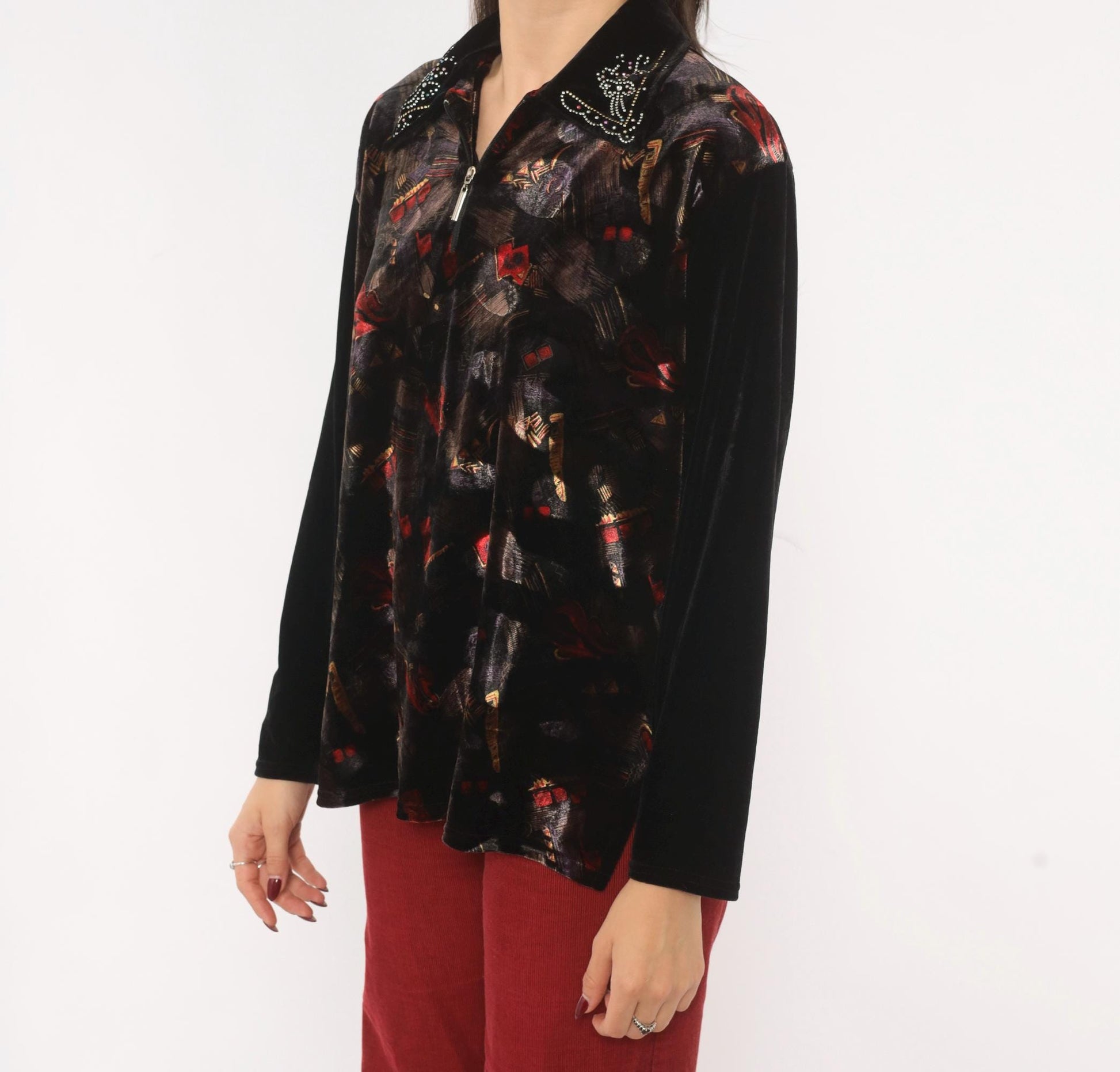 90s Black Velvet Blouse Rhinestone Collar Painterly Print Long Sleeve Medium M