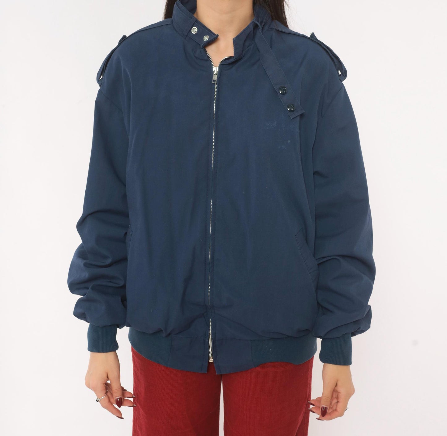 80s King Louie Navy Harrington Bomber Jacket Buffalo Plaid Lined Large L
