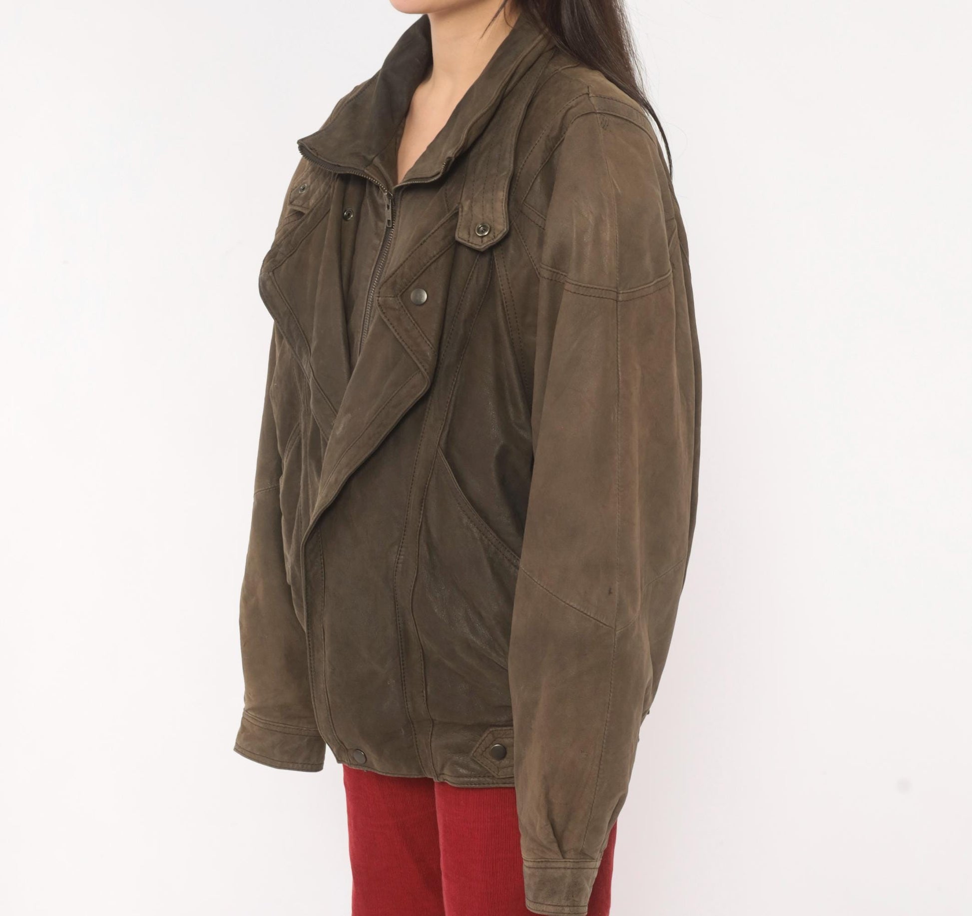 80s Pelle Studio Brown Leather Bomber Jacket Batwing Moto Large L