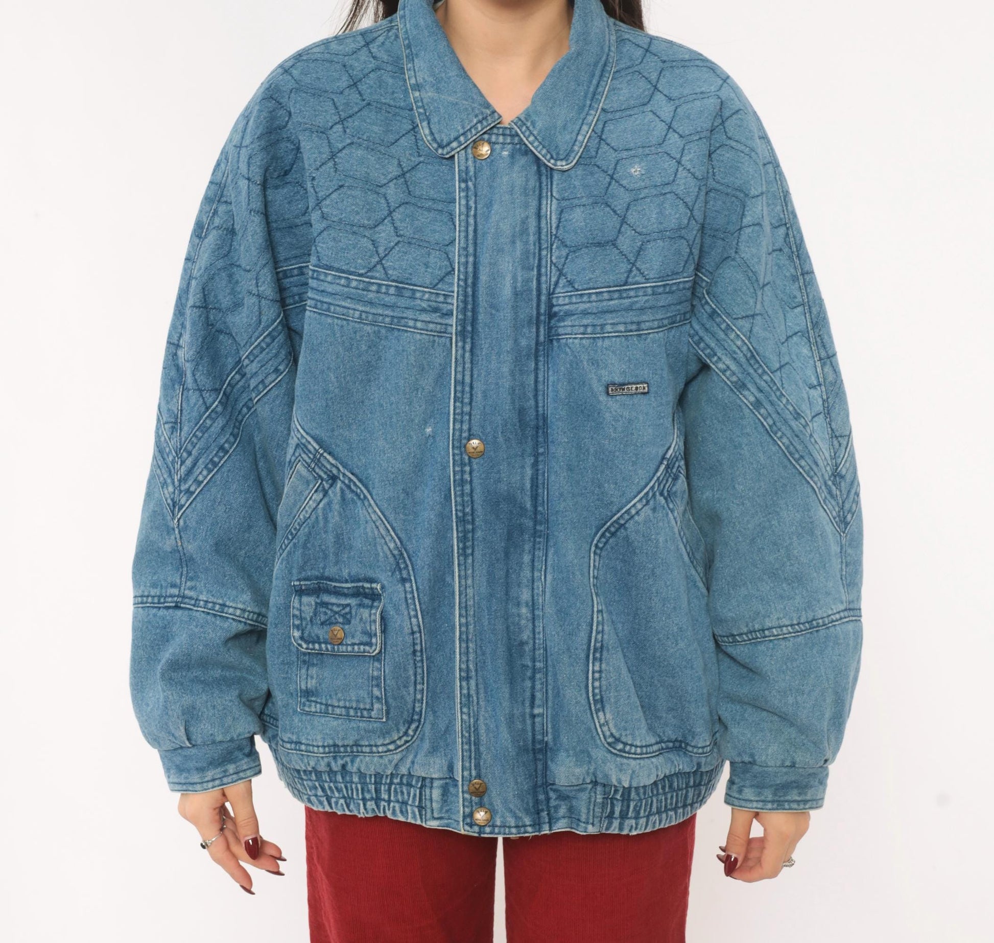 90s Kongloon Quilted Denim Bomber Sherpa Lined Jean Jacket Blue Large