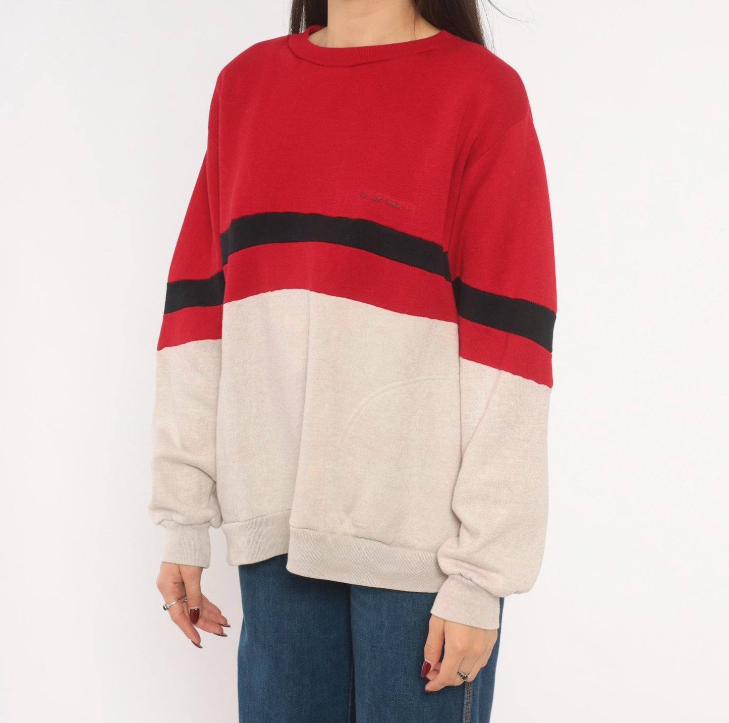 80s Dunlop Color Block Sweatshirt Red Cream Black Stripe Drop Shoulder Large