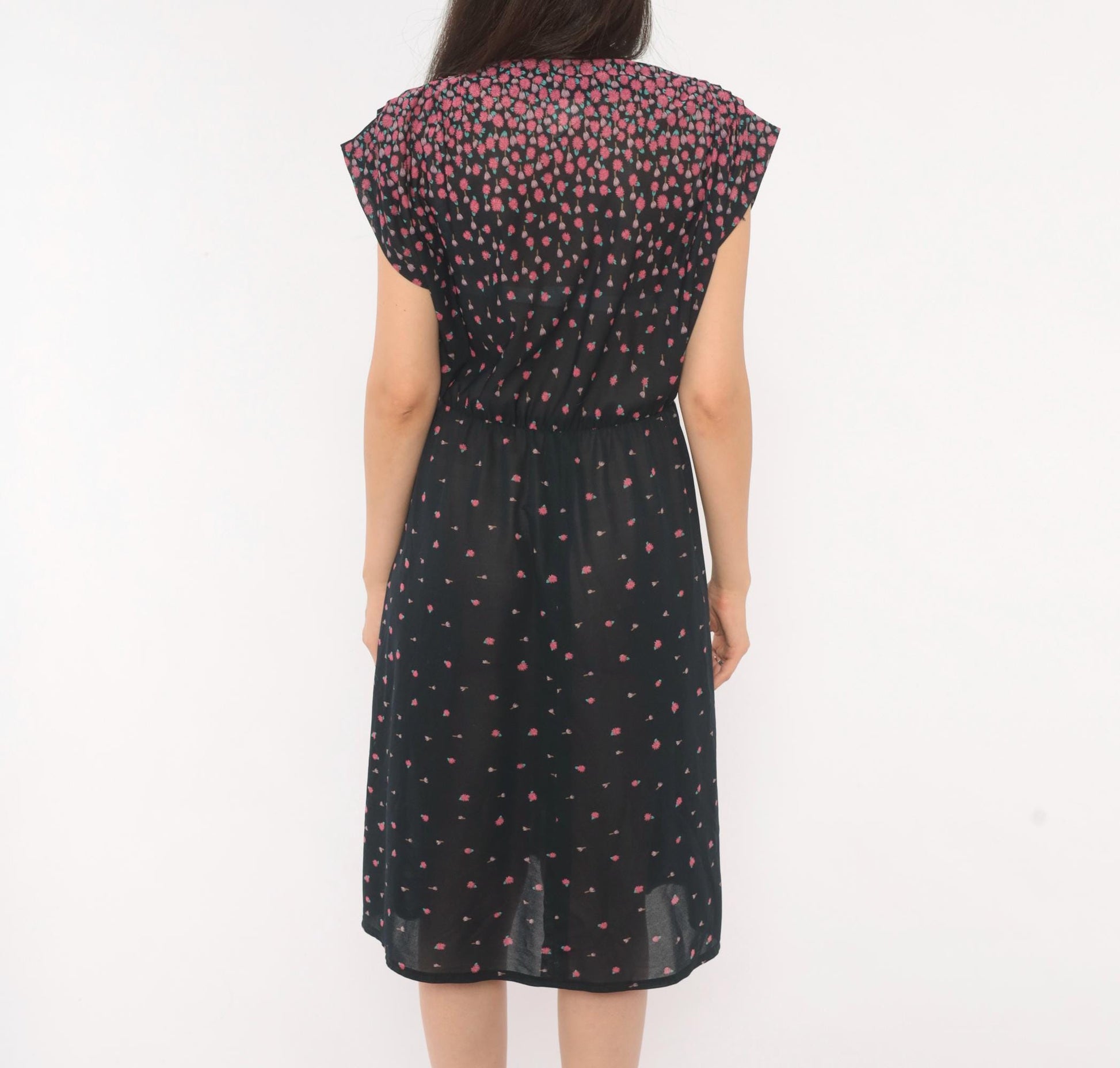 70s JT Jody of California Floral Wrap Dress Black Pink Gradient Knee-Length Medium
