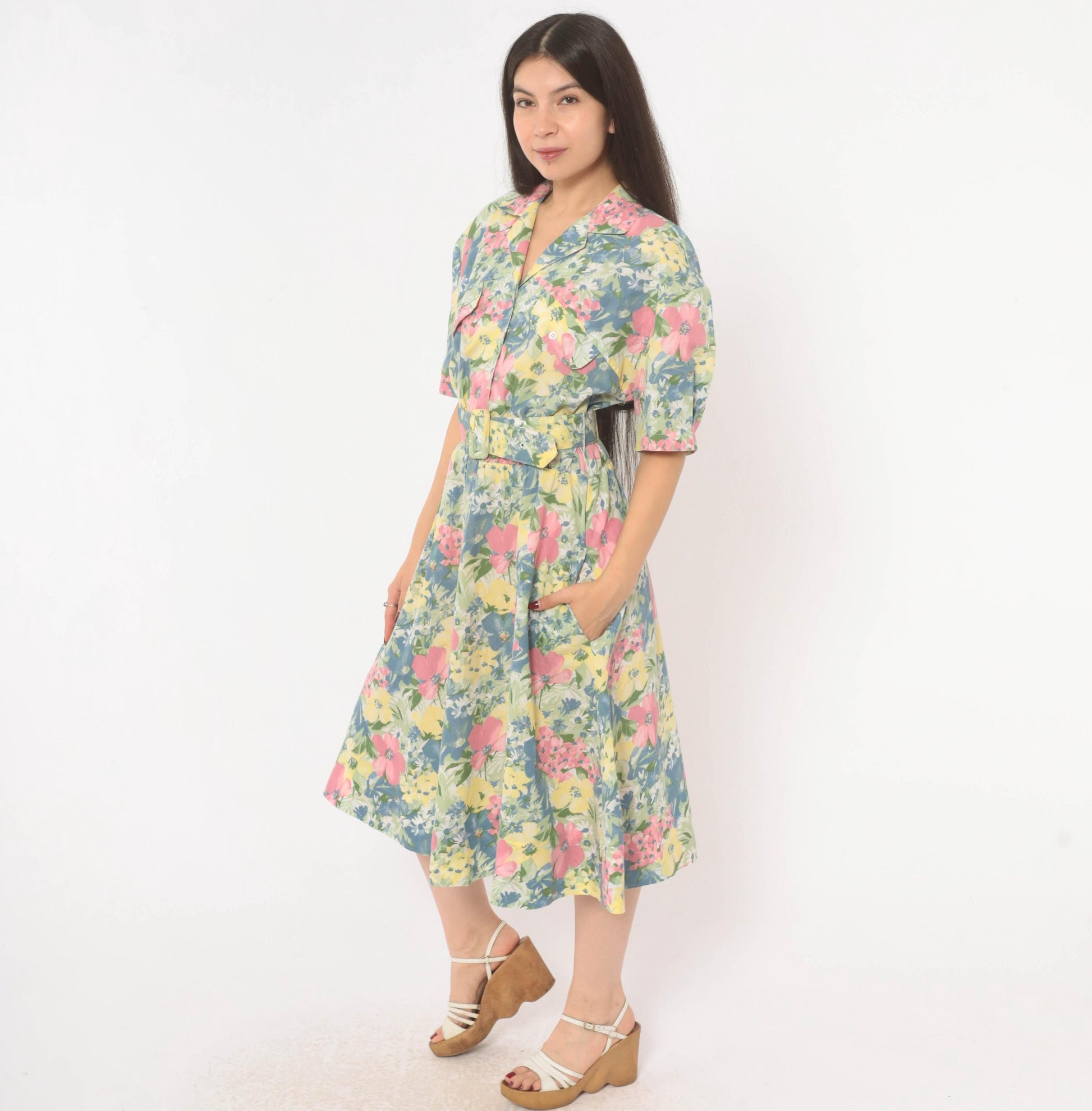 80s Cabrais Floral Midi Shirtdress Puff Sleeve Belted Pink Garden Medium