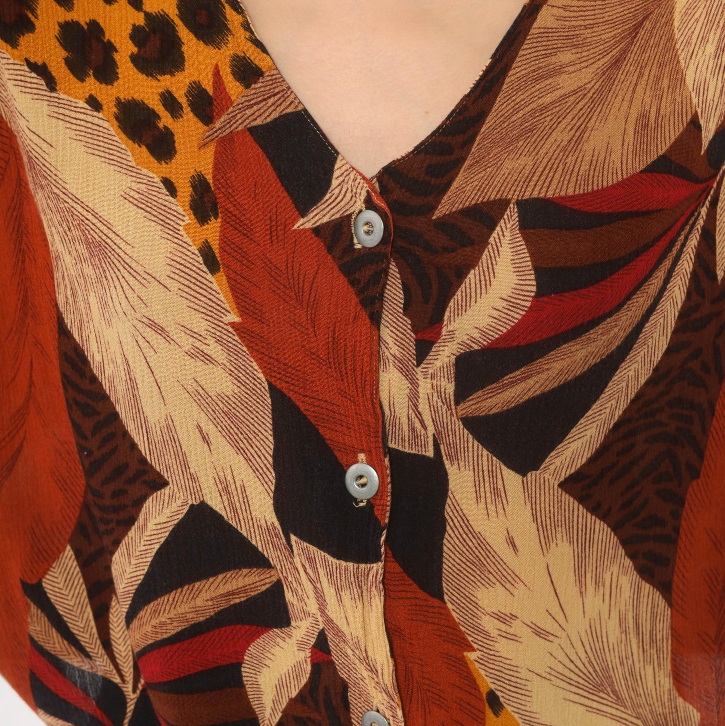 90s Options Melrose Tropical Leopard Button Blouse Tie Front Large L
