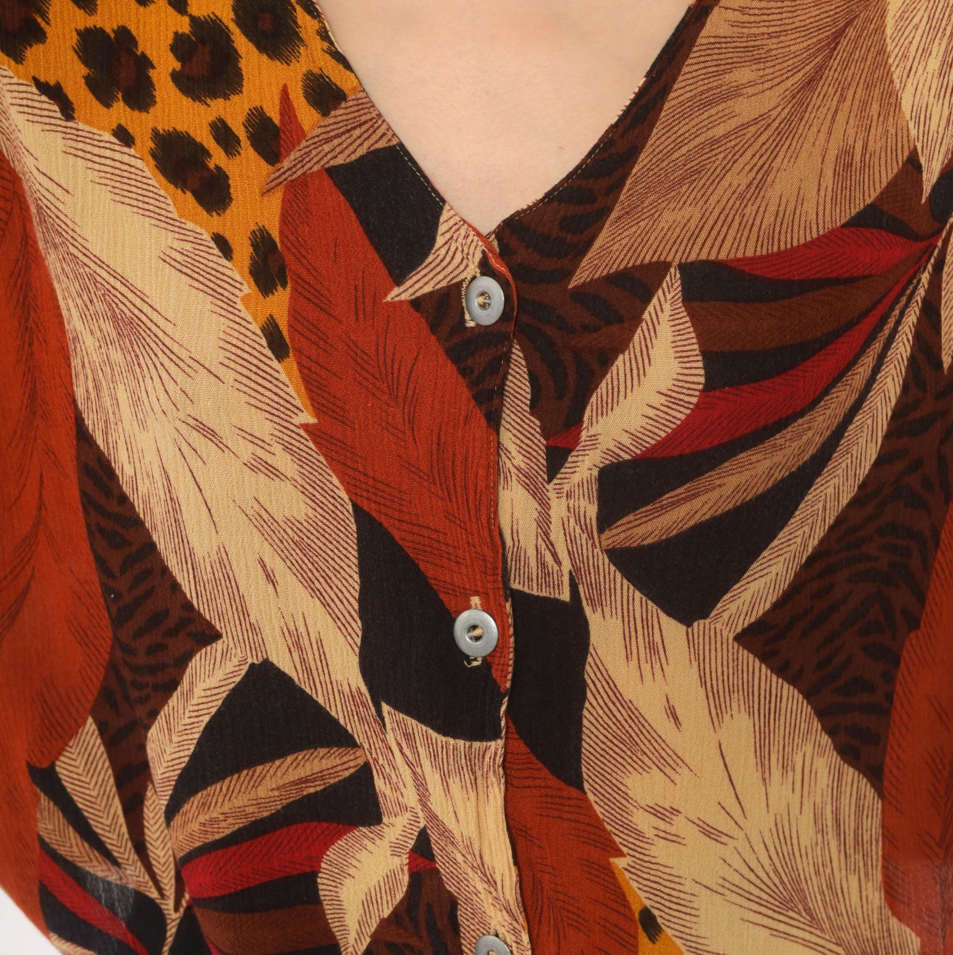 90s Options Melrose Tropical Leopard Button Blouse Tie Front Large L