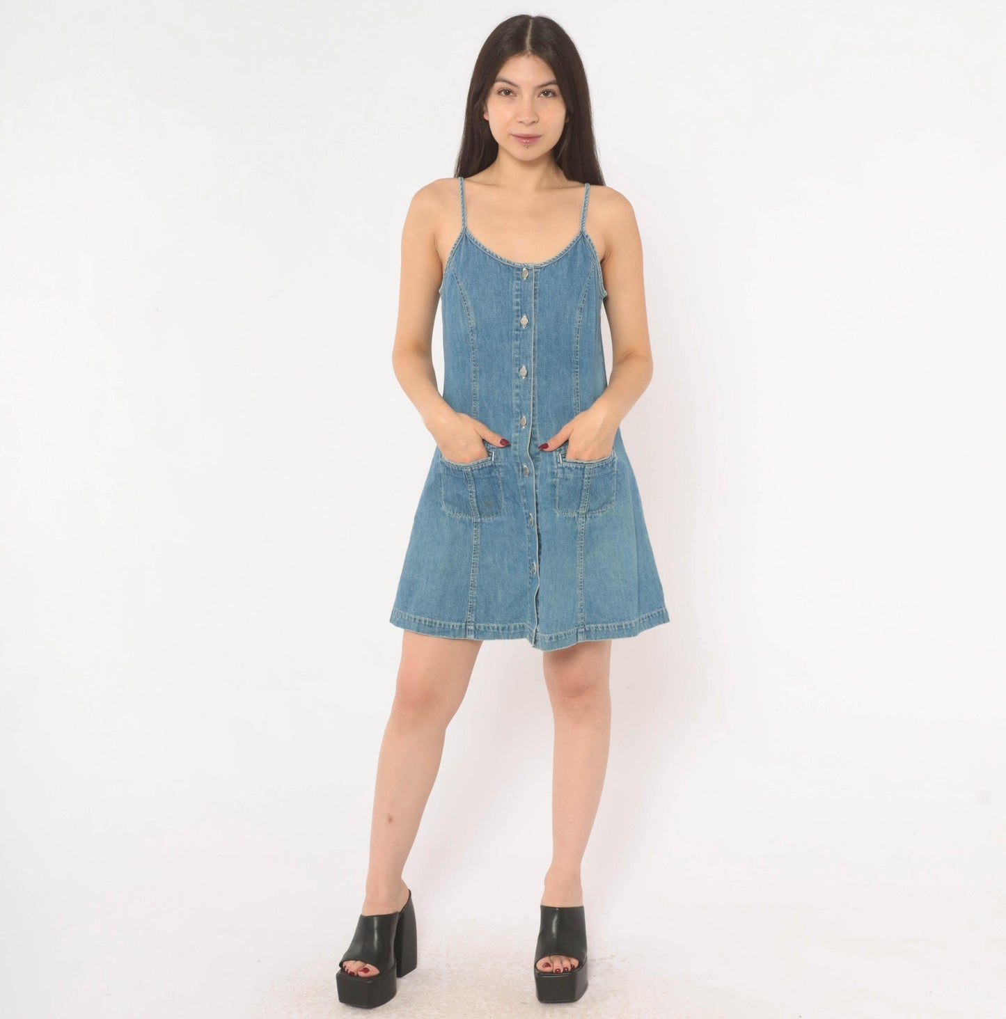 90s Dockers Denim Mini Dress Button Front Spaghetti Strap Blue Small