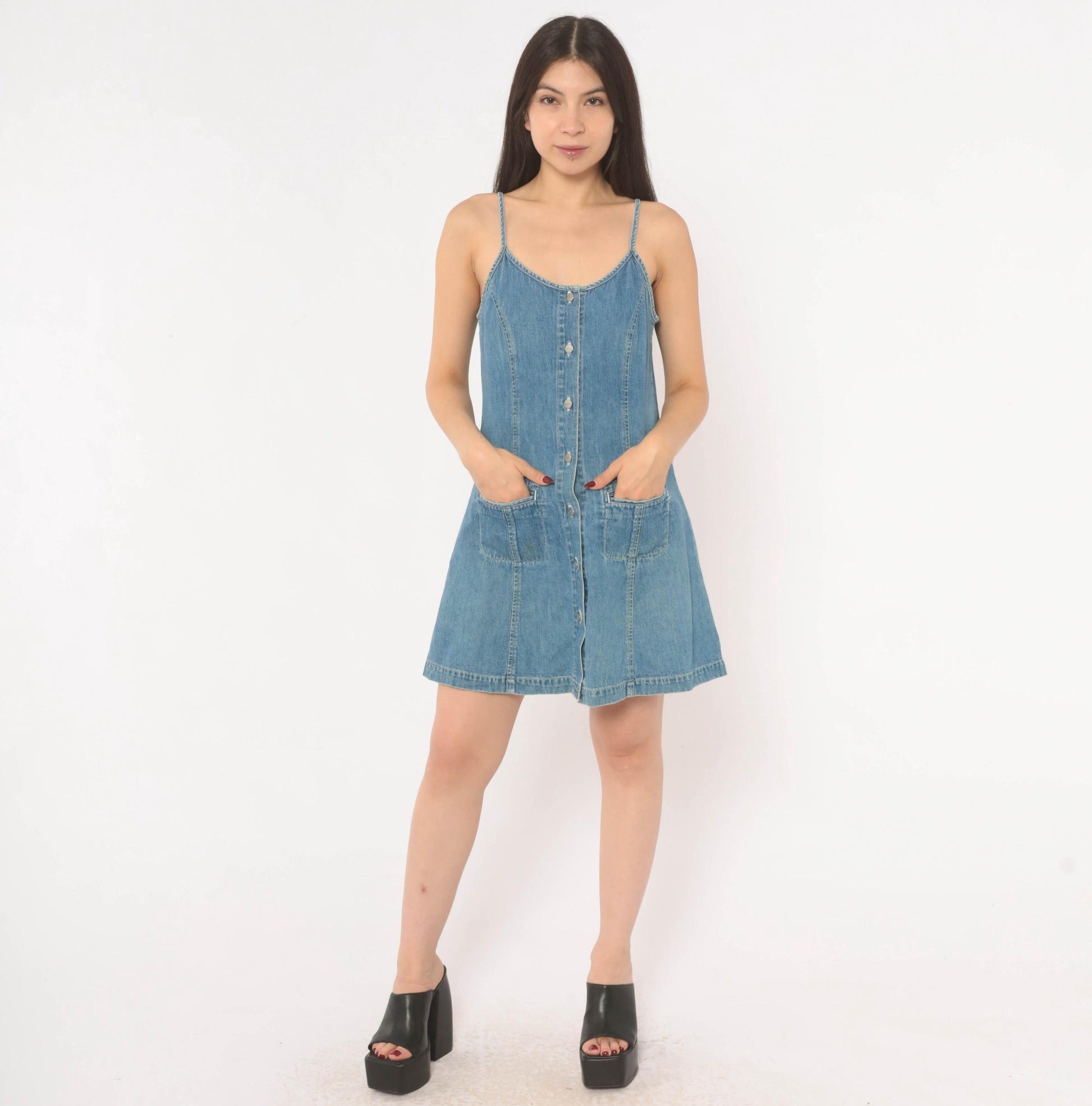 90s Dockers Denim Mini Dress Button Front Spaghetti Strap Blue Small
