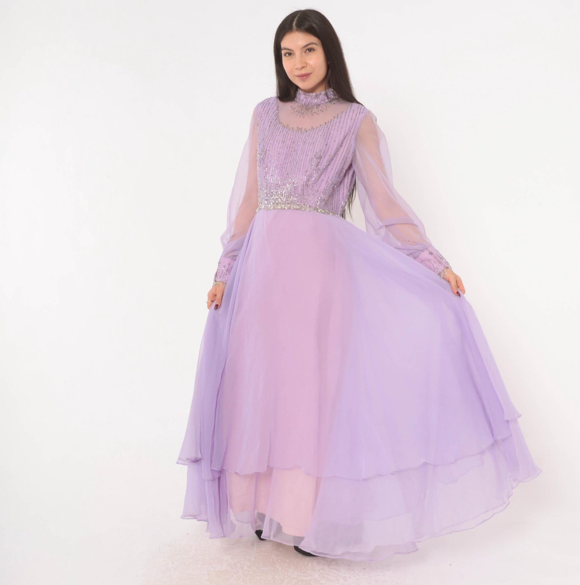 70s Lavender Chiffon Maxi Dress Beaded Bodice Bishop Sleeve Evening Gown Large L