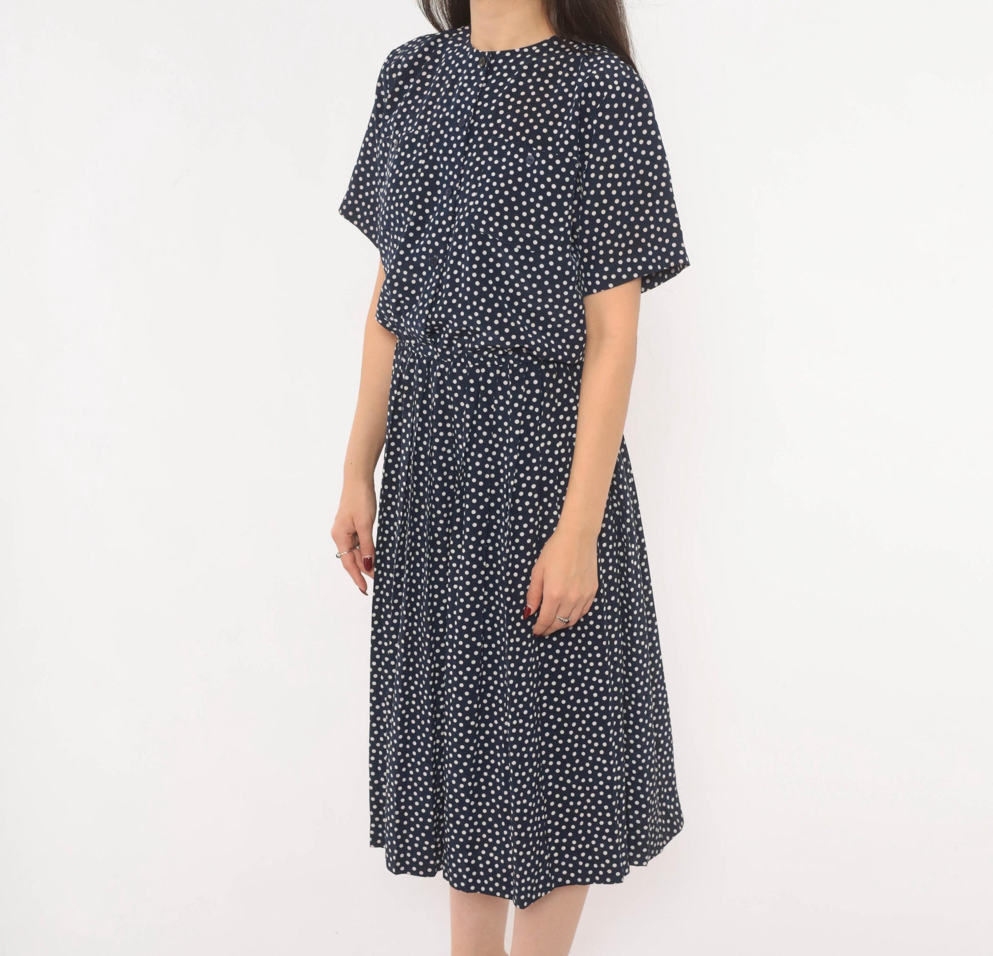 90s Navy Polka Dot Midi Dress Liz Petites Button Front Crew Neck Medium M
