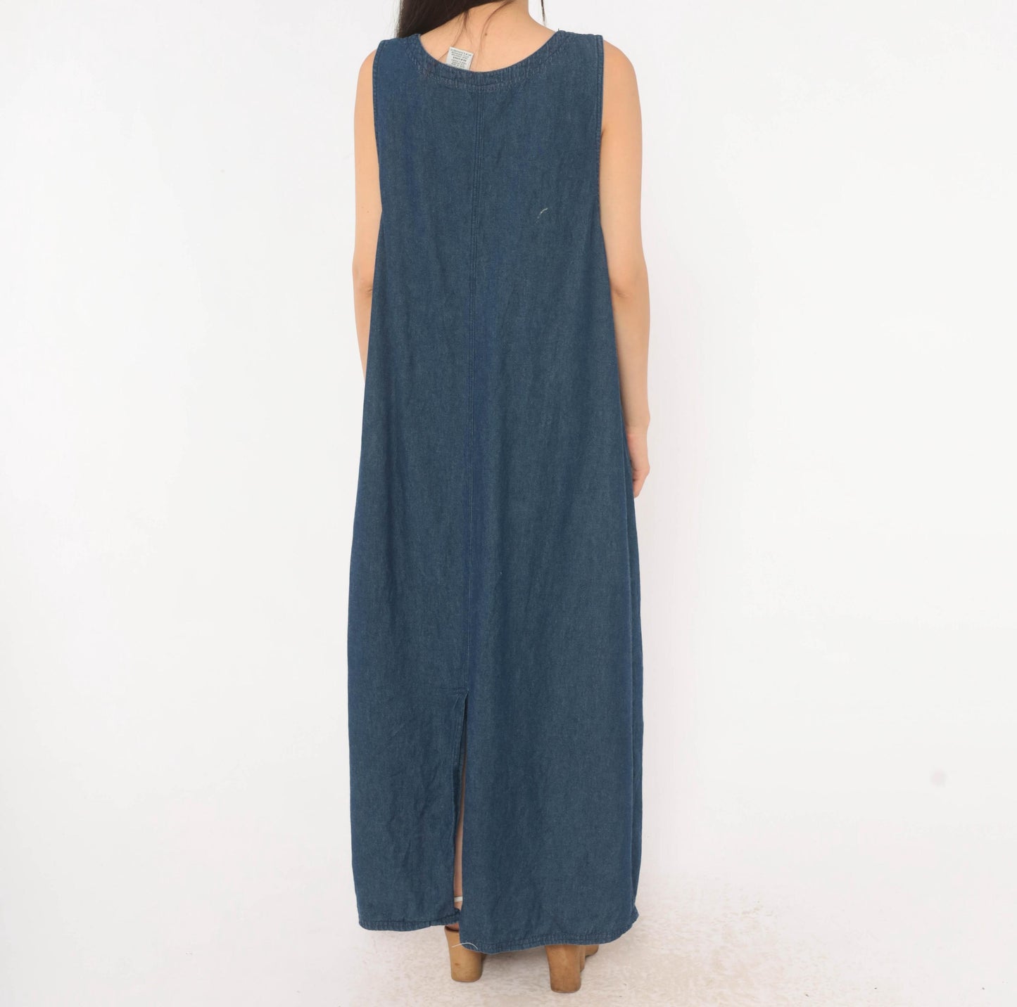90s White Stag Navy Denim Maxi Jumper Dress School Patches Large L