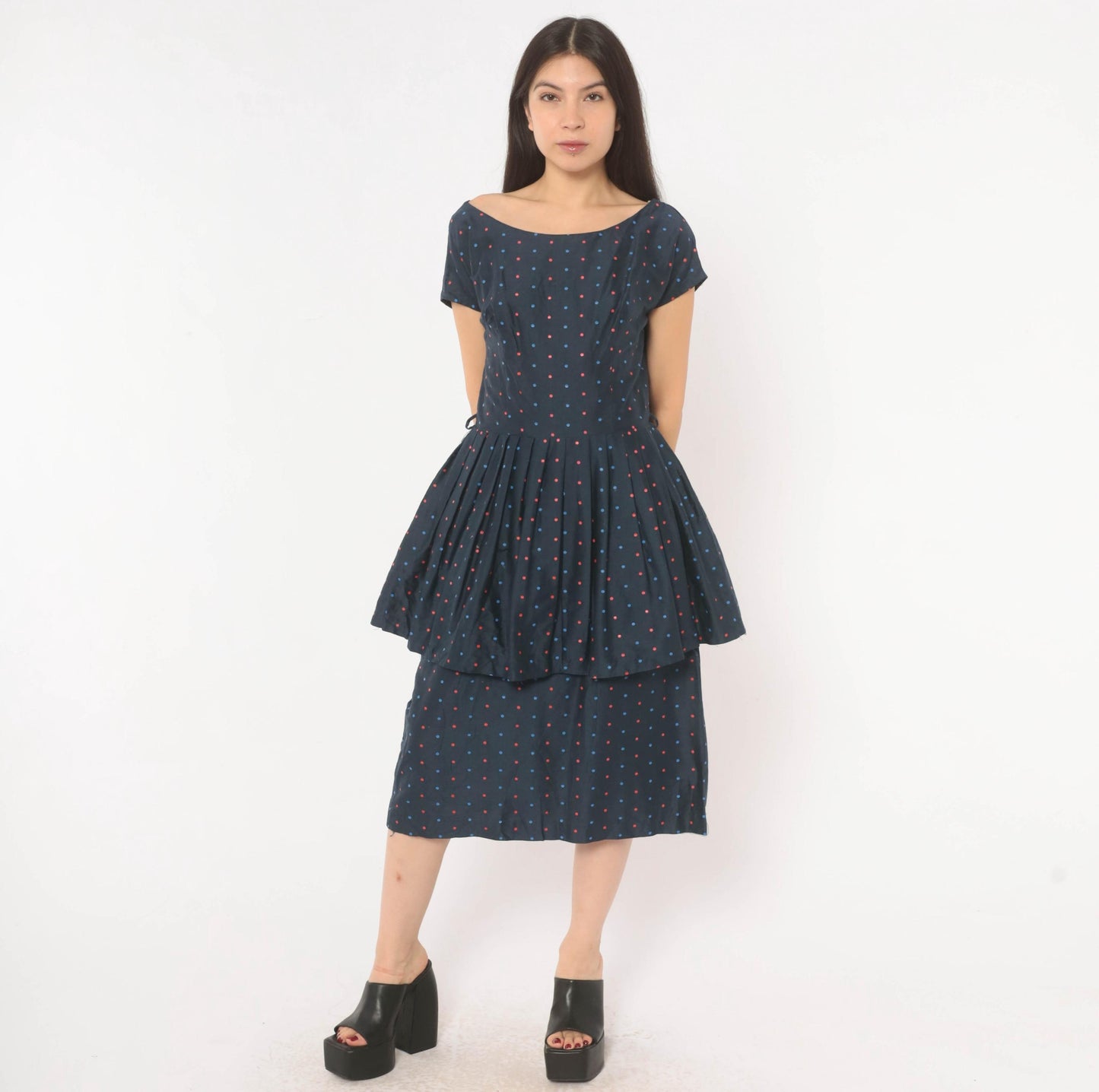 60s Navy Polka Dot Peplum Dress Red Blue Cap Sleeve Fitted Waist Medium M