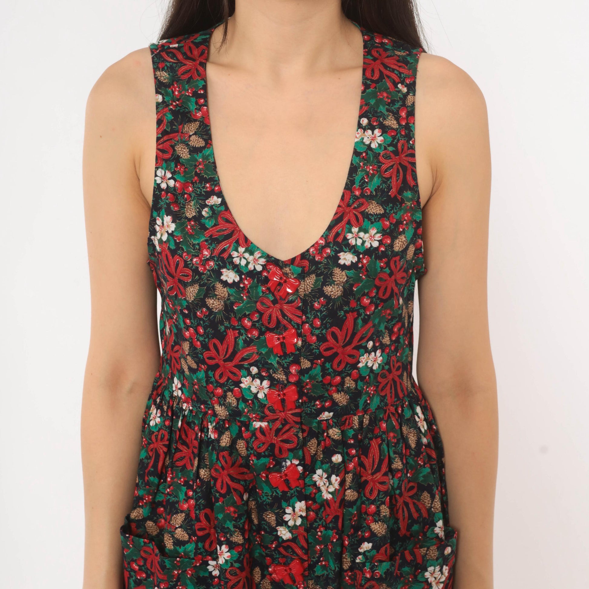 90s R.J. Stevens Christmas Jumper Dress Cotton V-Neck Holly Pinecone Navy Extra Small XS