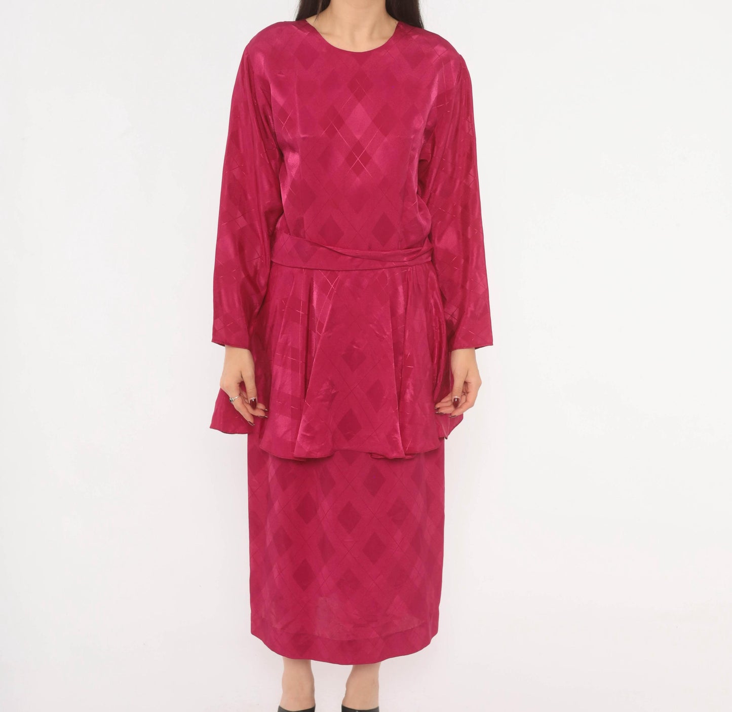 80s Fuchsia Peplum Midi Dress Open Back Jacquard Long Sleeve Large L