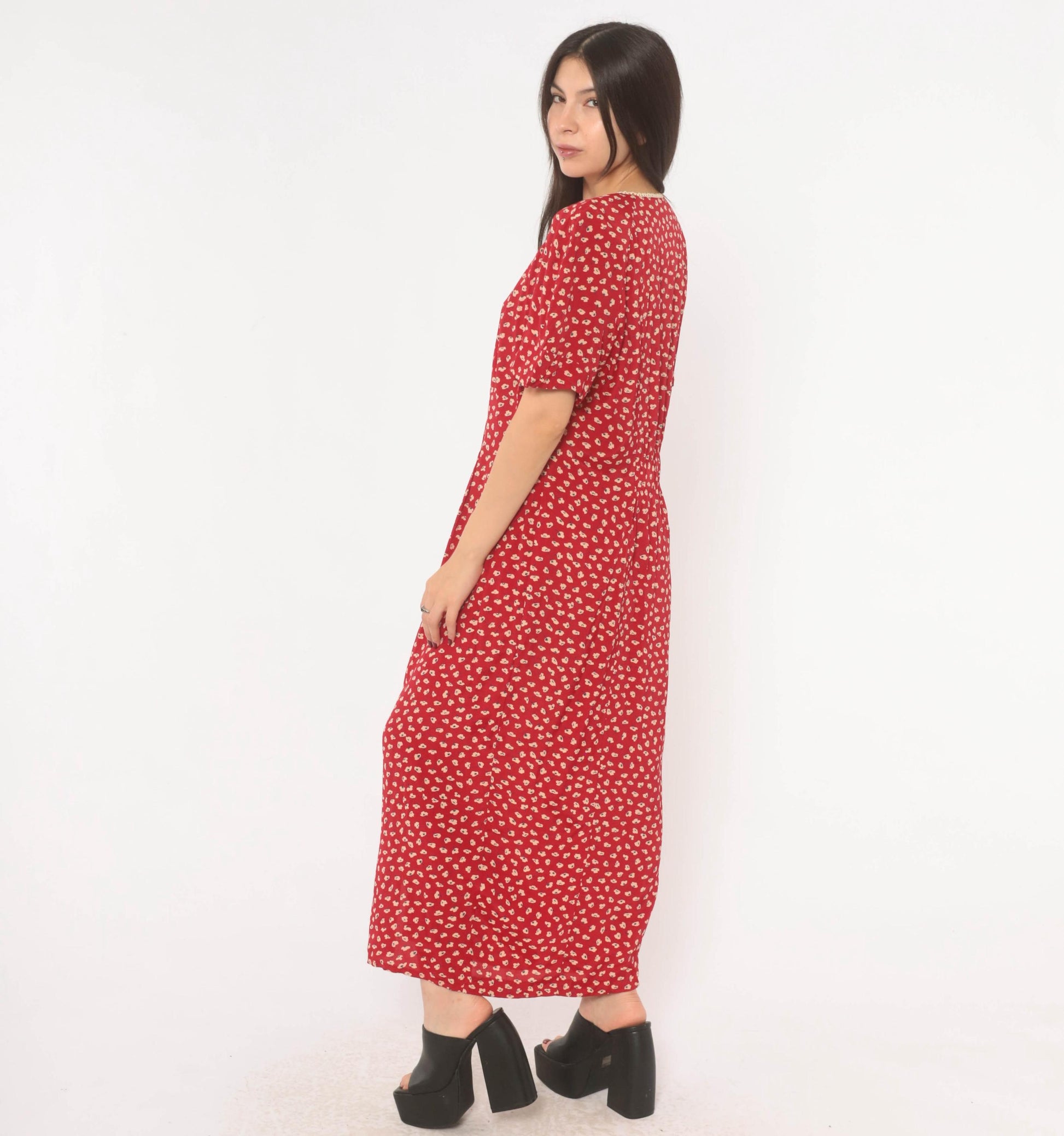 90s Anthony Mark Hankins Red Floral Maxi Dress Square Neck Lace Trim Large L