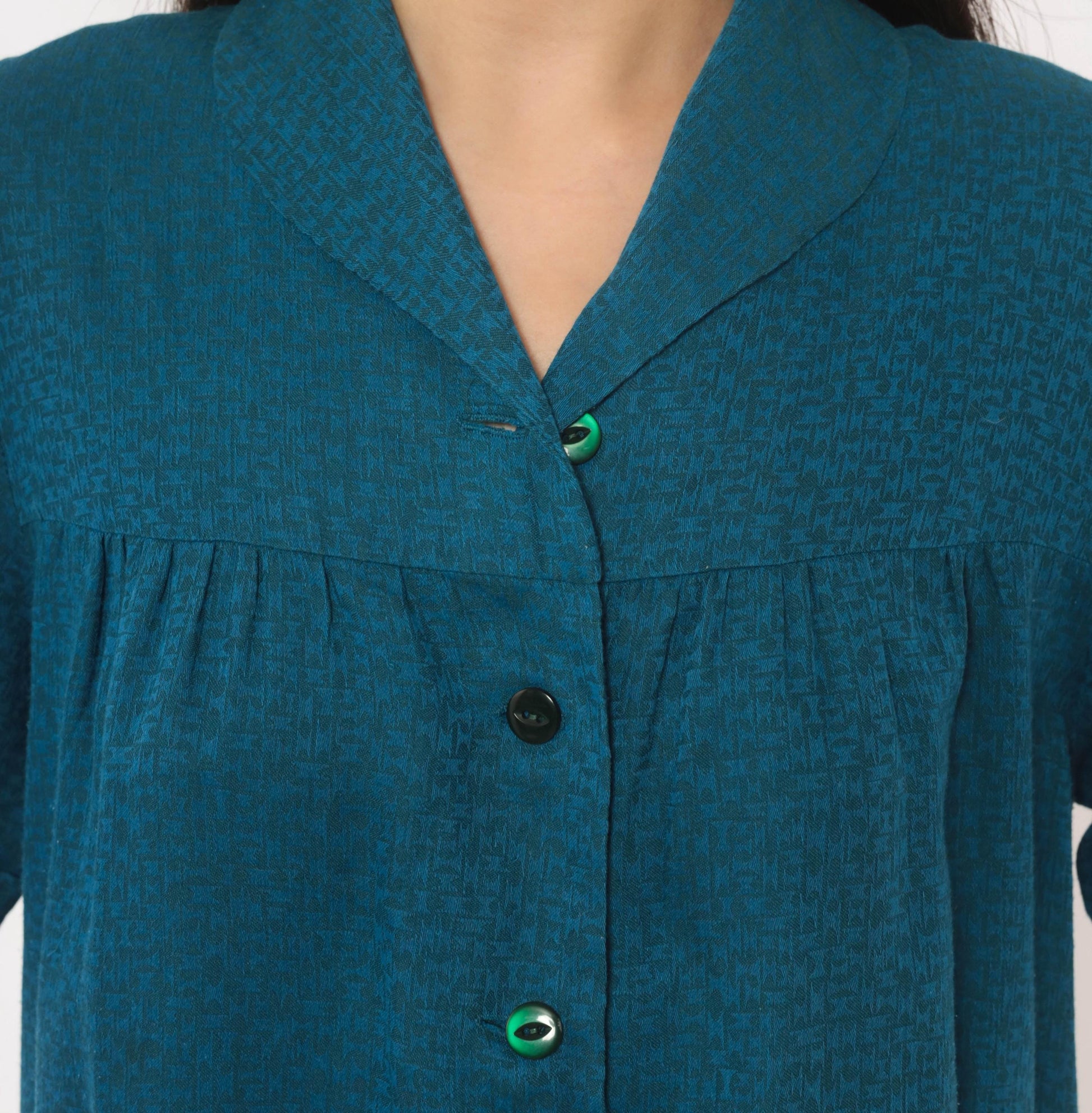 60s Royal Dry Goods Mod Shift Dress Teal Button Front Cotton Medium M